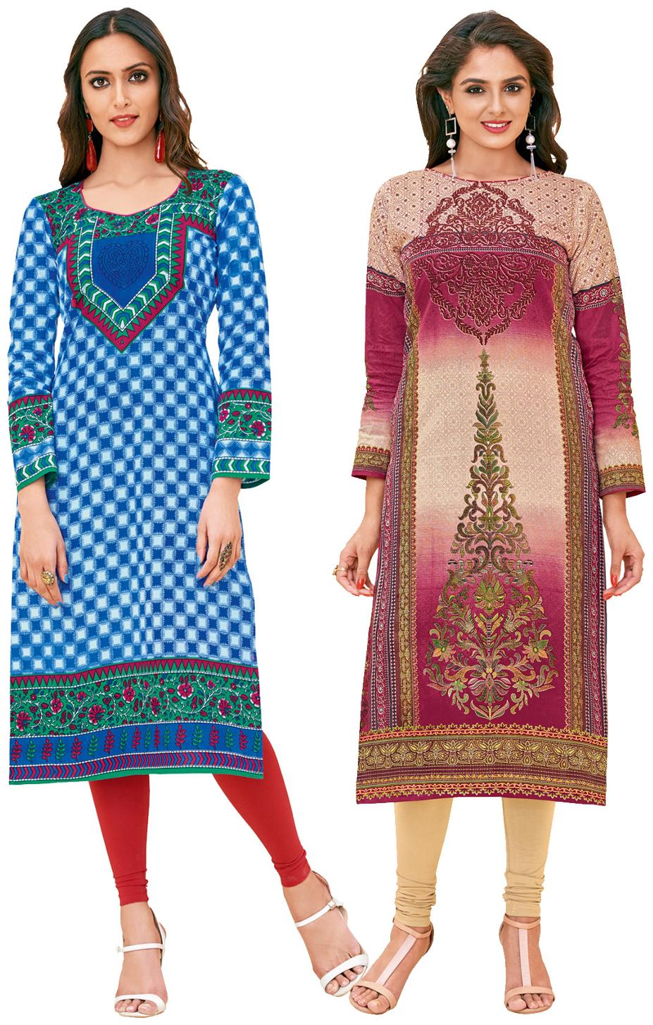 

Salwar Studio Women s Pack of 2 Cotton Printed Unstitched Kurti Fabric Combo (Only Top Fabric)
