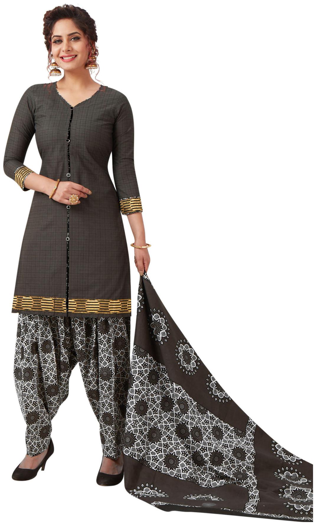 

Salwar Studio Women Grey Cotton Printed Readymade Patiyala Suit Set