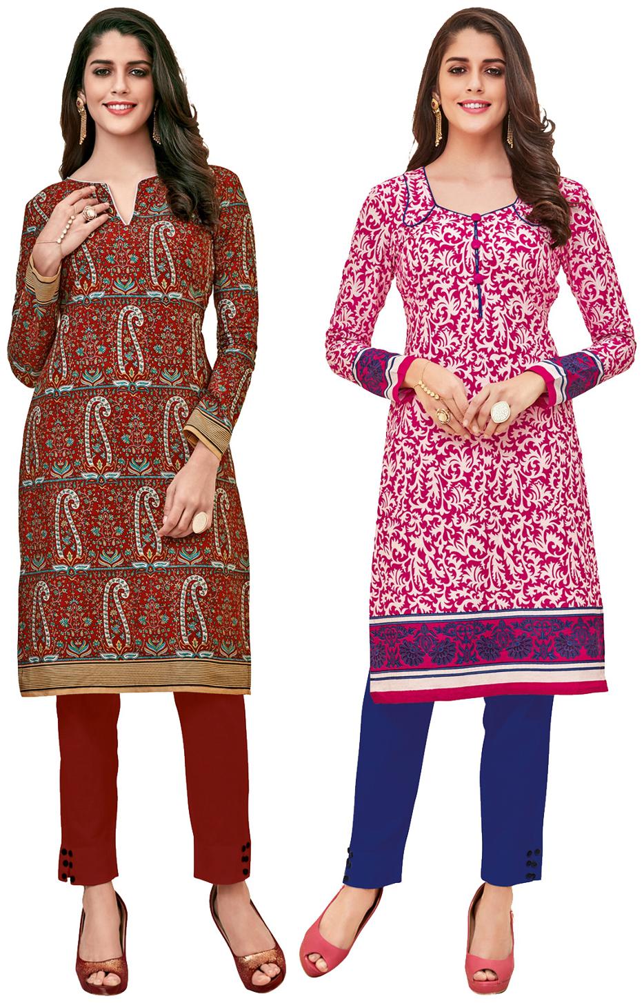 

Salwar Studio Women s Pack of 2 Cotton Printed Unstitched Kurti Fabric Combo (Only Top Fabric)