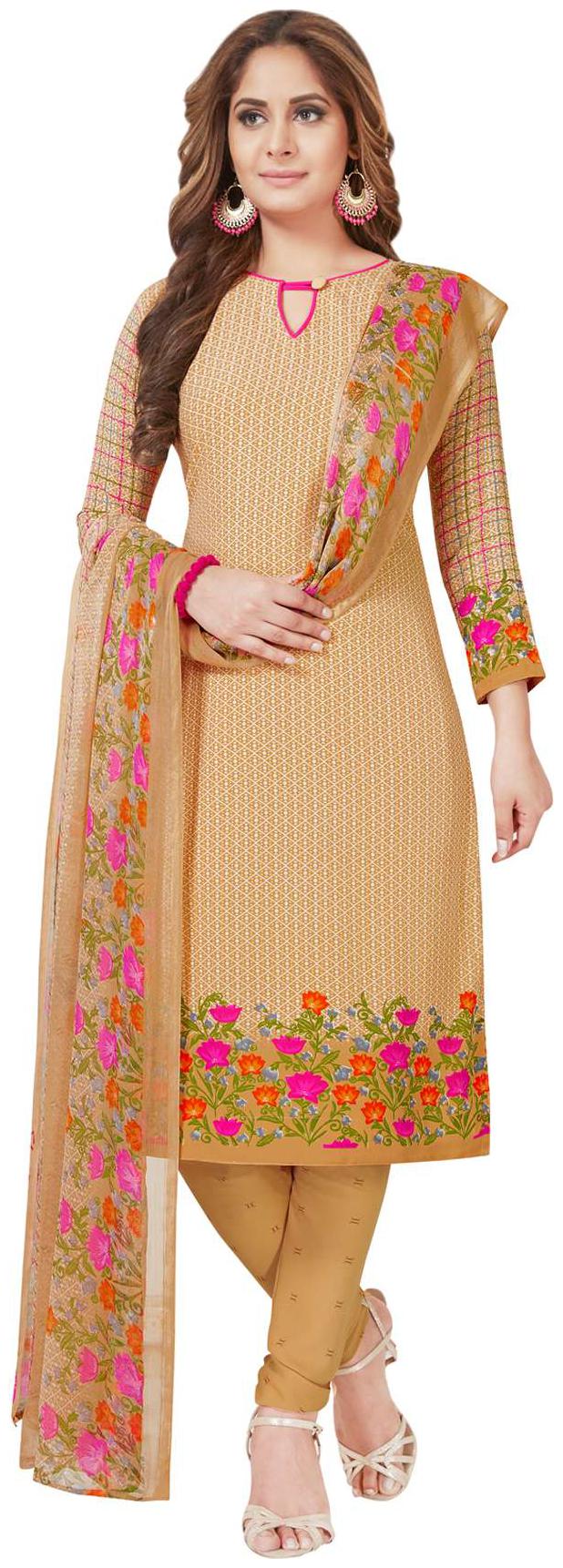 

Salwar Studio Women s Beige Pink Synthetic Printed Dress Material with Dupatta