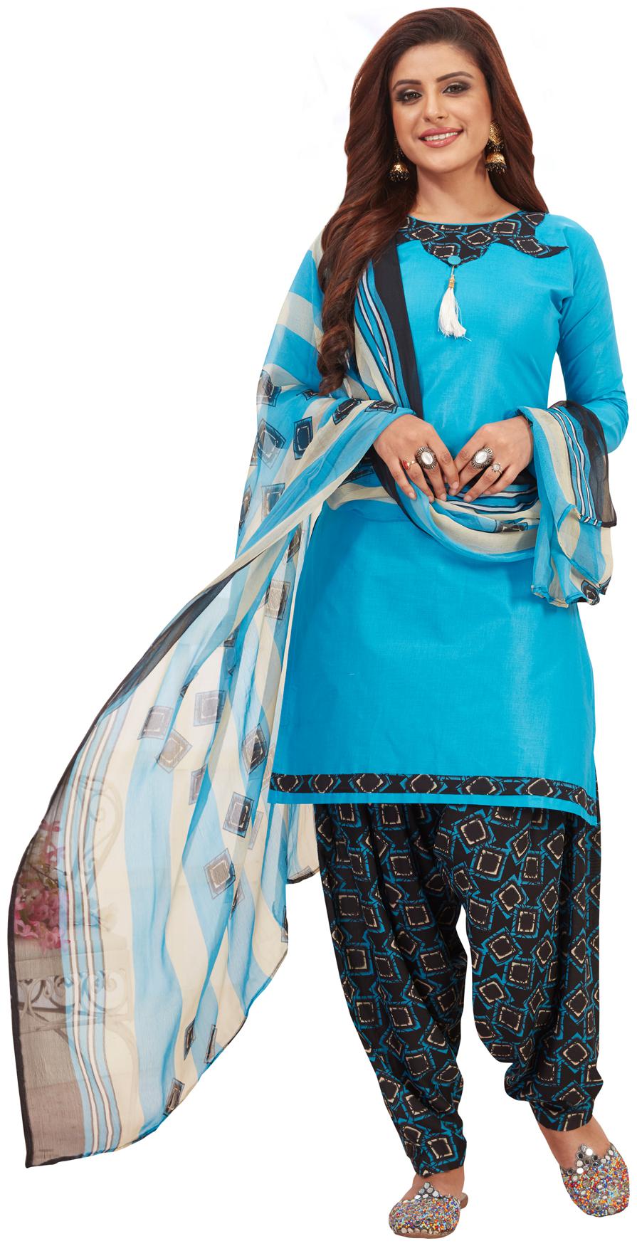 

Salwar Studio Women s Blue Black Synthetic Printed Unstitch Dress Material with Dupatta