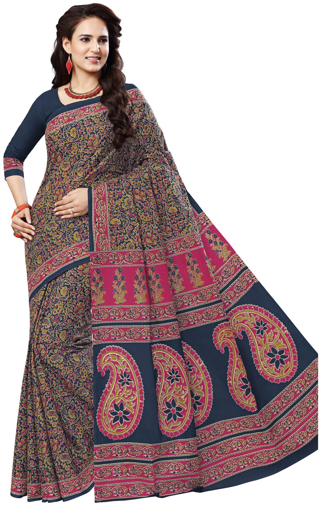 

Salwar Studio Women s Marine Blue Pink Cotton Kalmkari Printed Saree with Blouse Piece