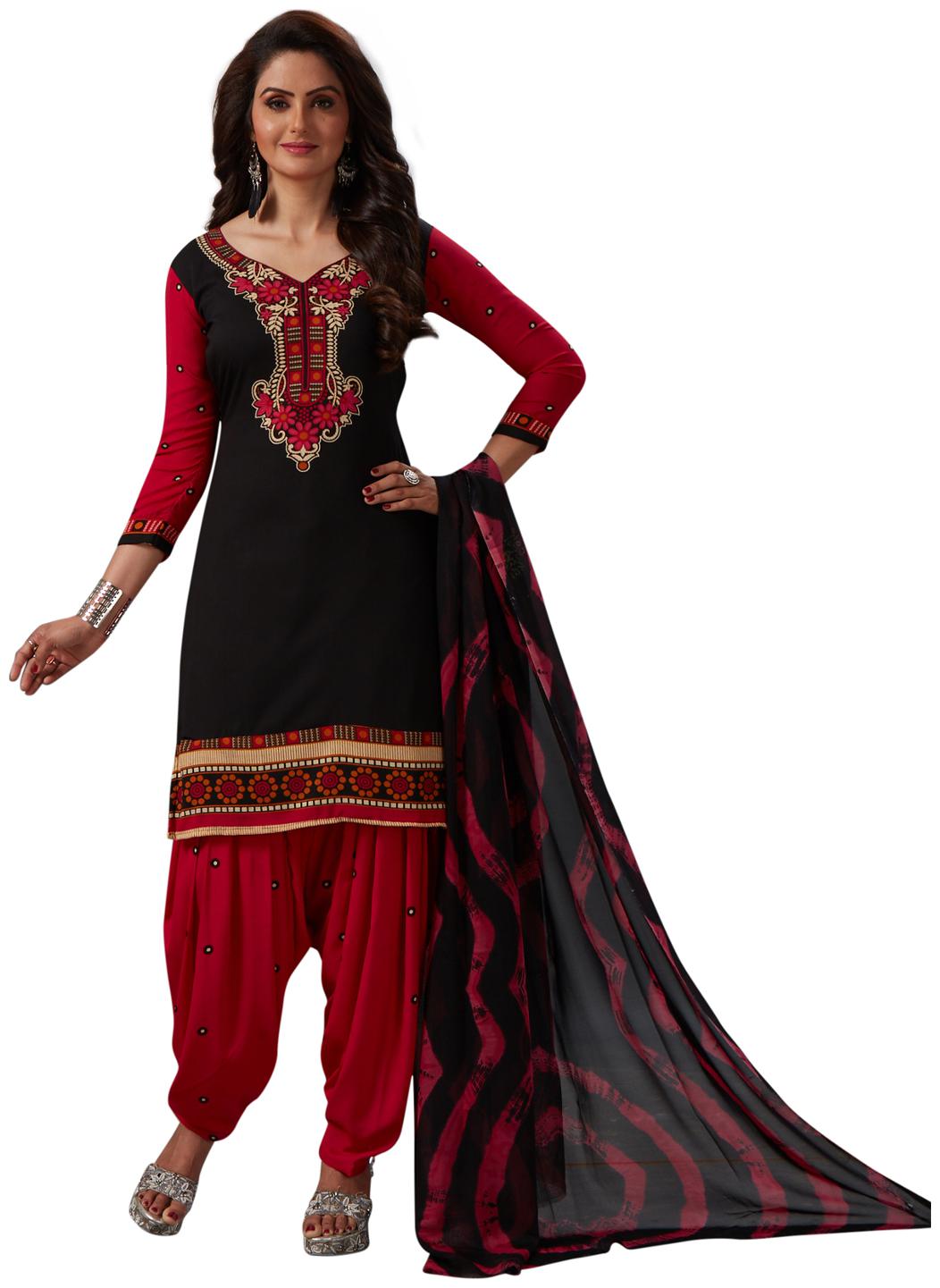 

Salwar Studio Women s Black Red Synthetic Printed Dress Material with Dupatta