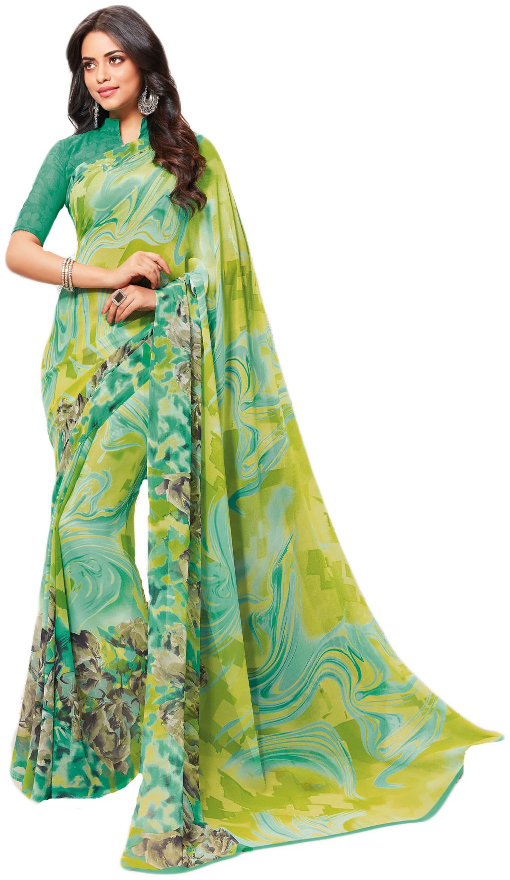 

Salwar Studio Women s Green Olive Soft Georgette Printed Saree with Blouse Piece