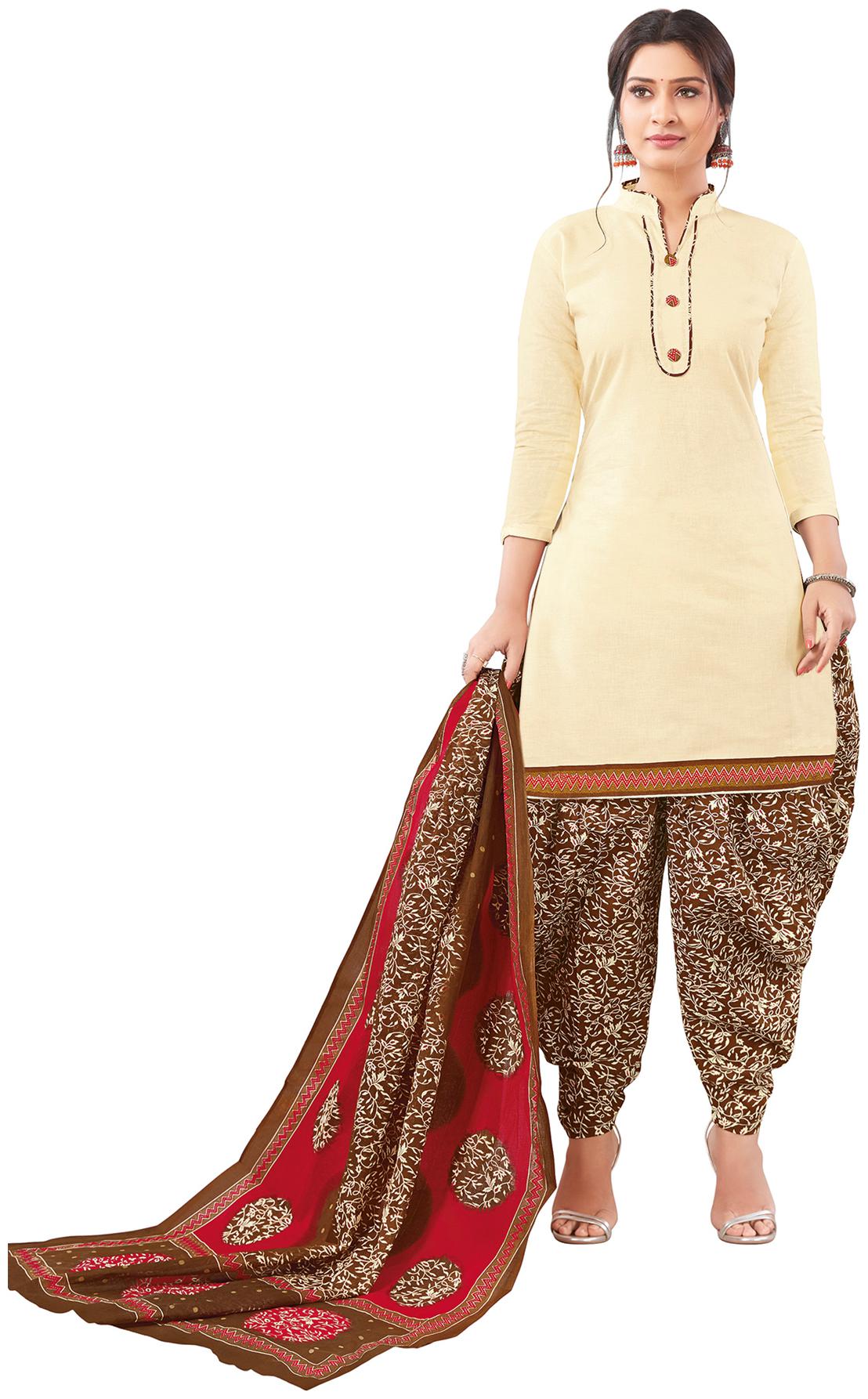 

Salwar Studio Womens Cream Brown Cotton Printed Readymade Salwar Suit Set