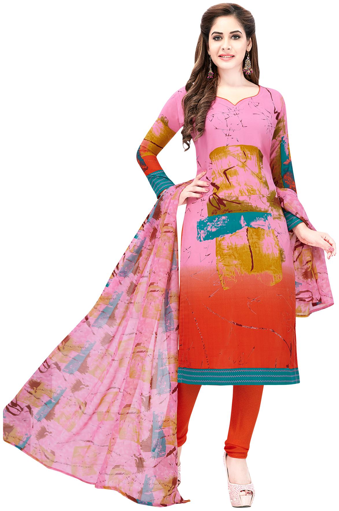

Salwar Studio Women Pink Orange Synthetic Printed Unstitched Dress Material with Dupatta