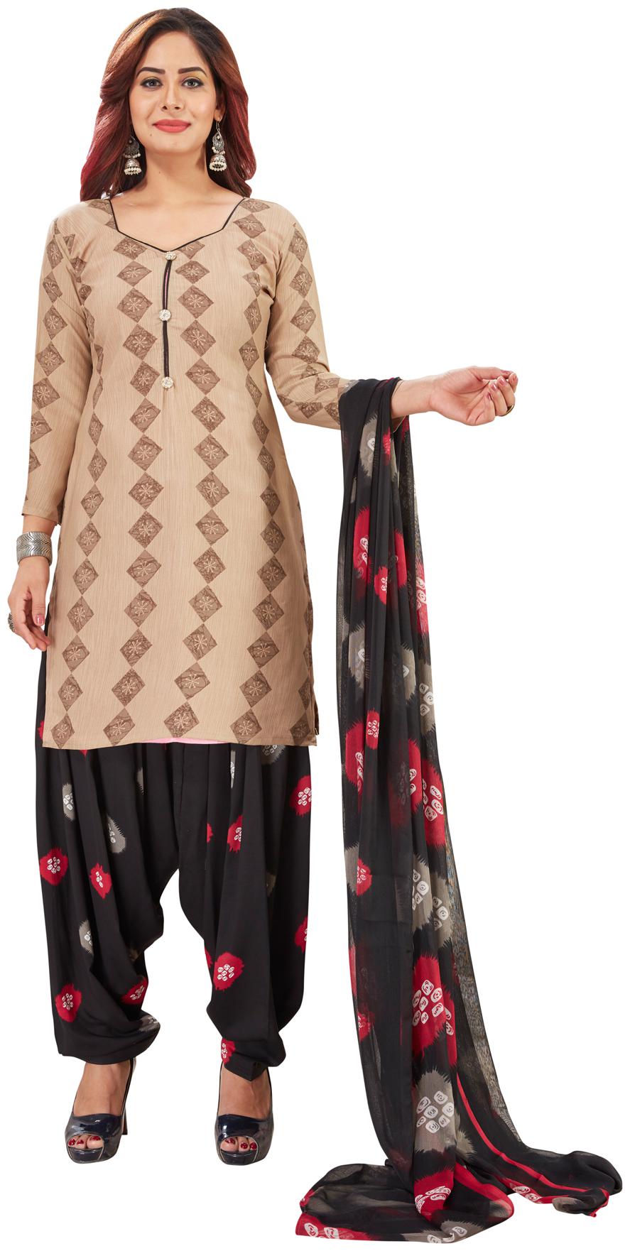 

Salwar Studio Women Crepe Printed Straight Suit Kurta Bottom Dupatta Beige Black