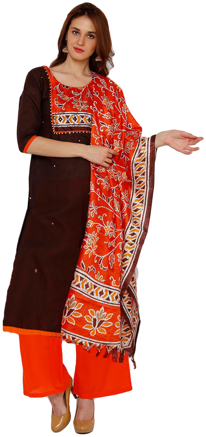 

Salwar Studio Women Cotton Printed Kurta With Palazzo Dupatta Brown