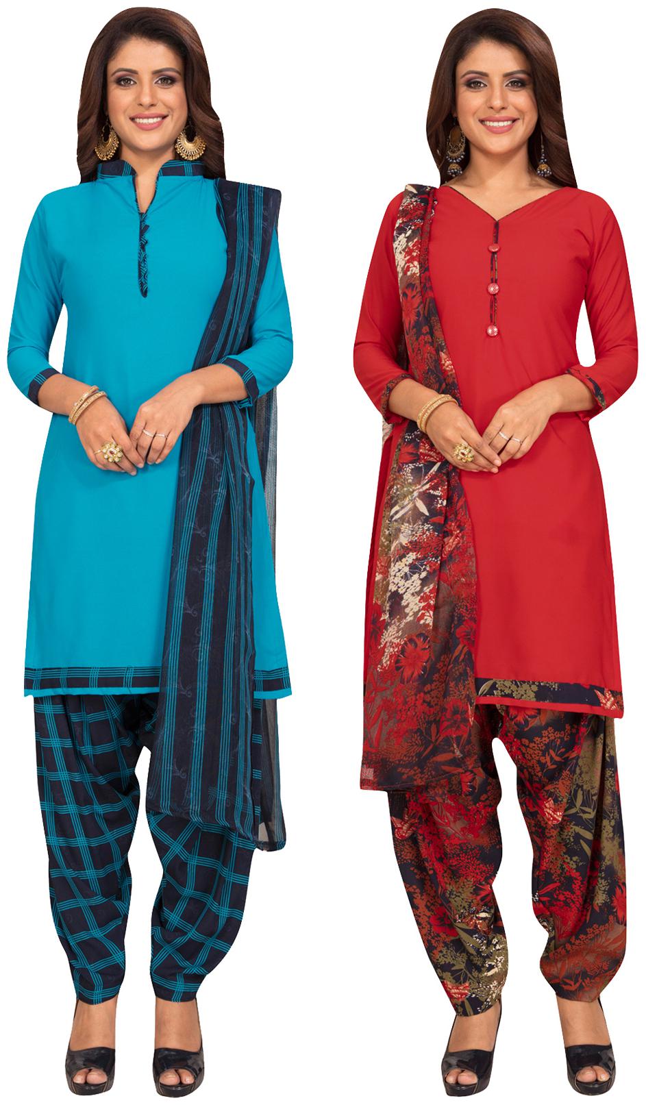 

Salwar Studio Blue Red Unstitched Kurta with bottom dupatta With dupatta Dress Material