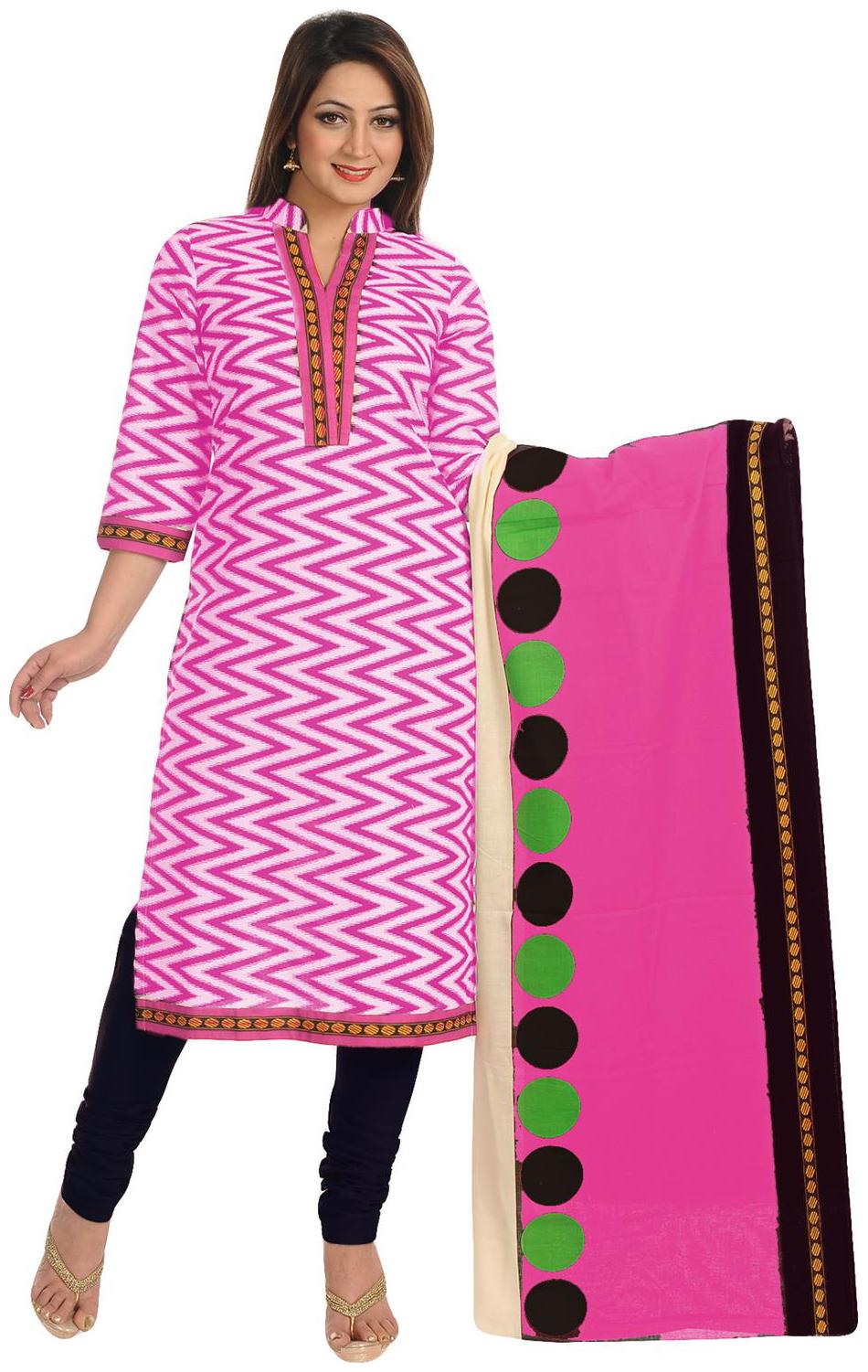 

Salwar Studio Women s Pink Black Cotton Chevron Polka Dots Printed Dress Material with Dupatta