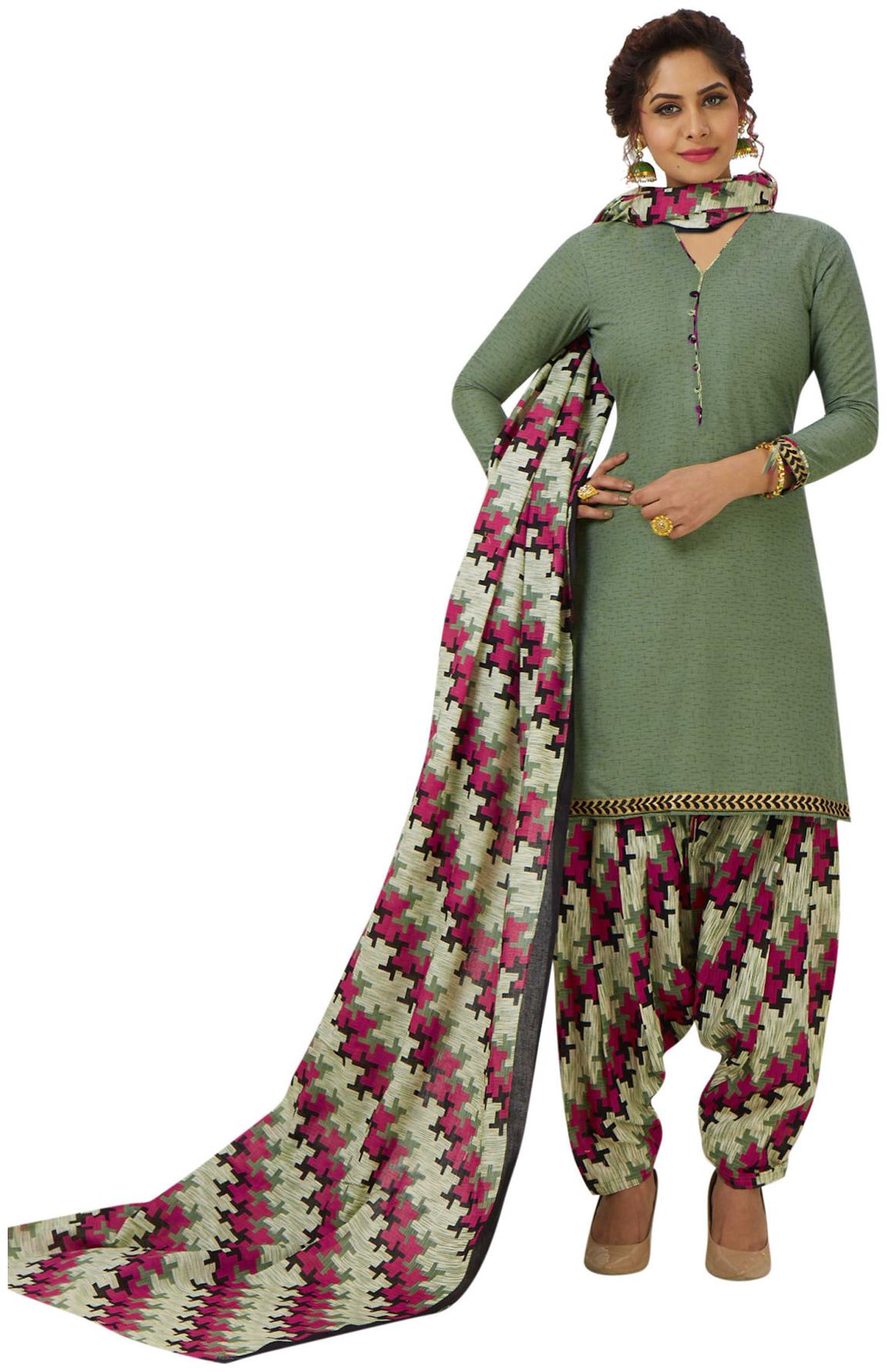

Salwar Studio Women Ash Green Pink Cotton Printed Readymade Patiyala Suit Set