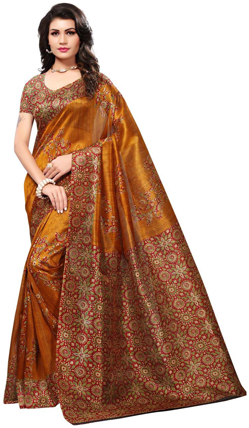 

Salwar Studio Women s Mustard Red Bhagalpuri Silk Printed Saree with Blouse Piece