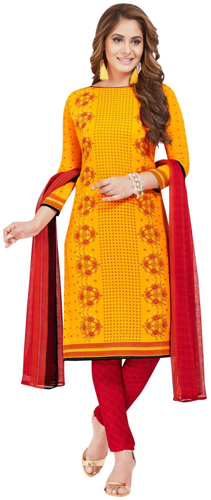 

Salwar Studio Women s Yellow Red Synthetic Printed Dress Material with Dupatta