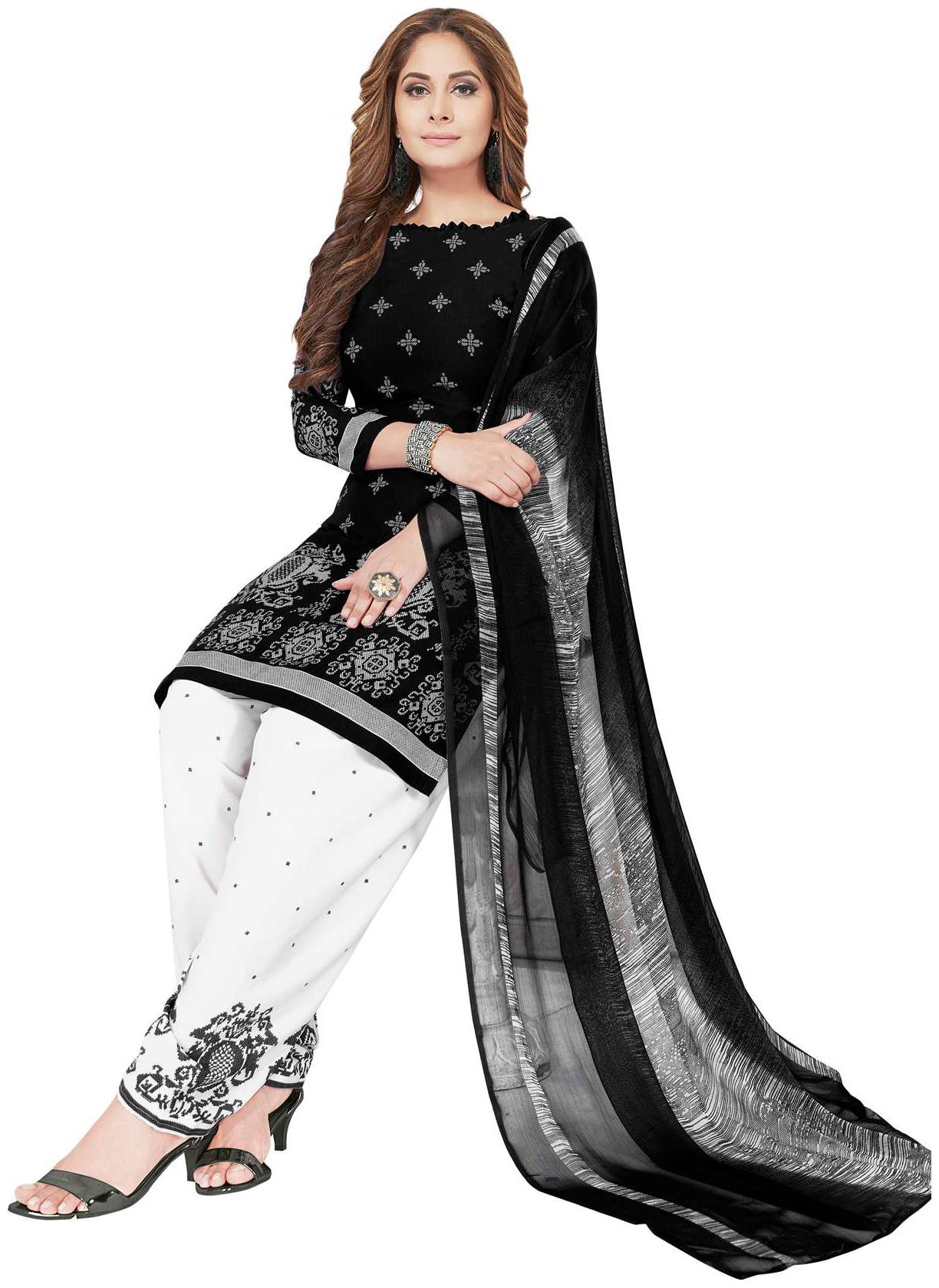 

Salwar Studio Women s Black White Synthetic Printed Dress Material with Dupatta