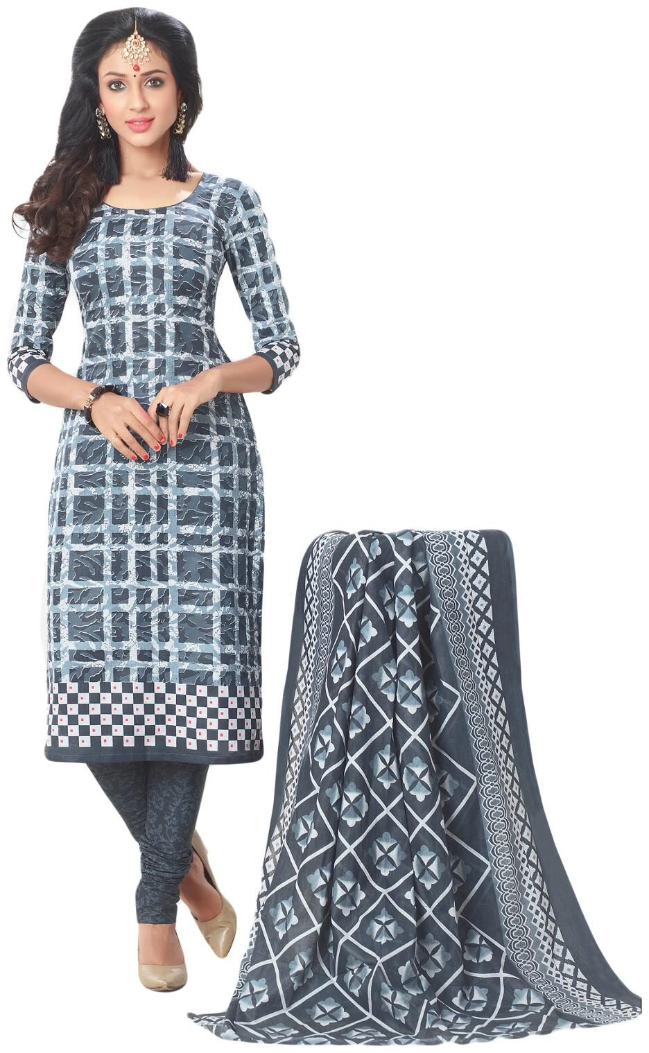 

Salwar Studio Women s Grey White Cotton Printed Dress Material with Dupatta