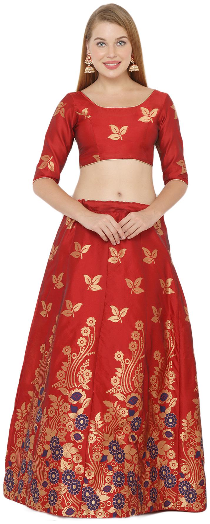 

Salwar Studio Silk Red Embellished Lehenga Choli For Women