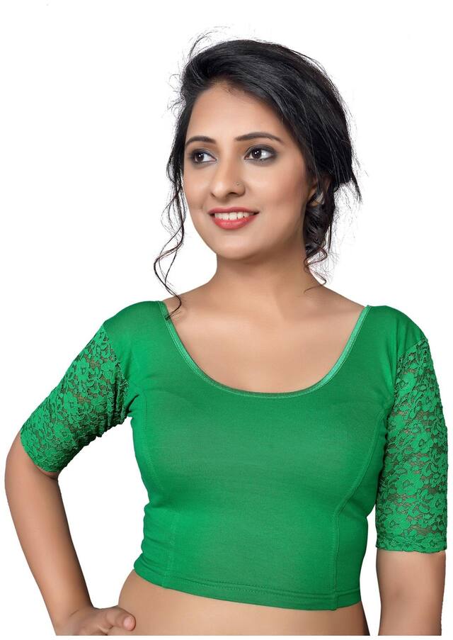 Salwar Studio Women's Green Cotton Lycra Readymade Strechable Saree Blouse