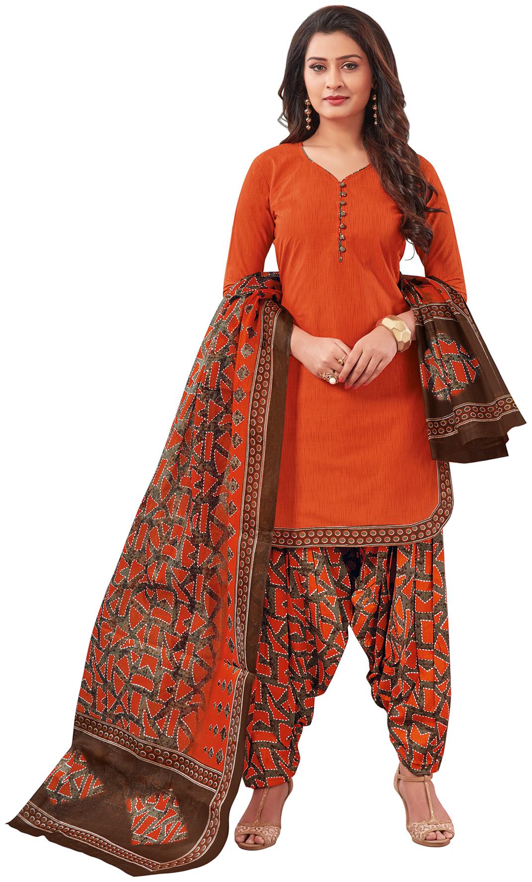 

Salwar Studio Womens Orange Brown Cotton Printed Readymade Salwar Suit Set