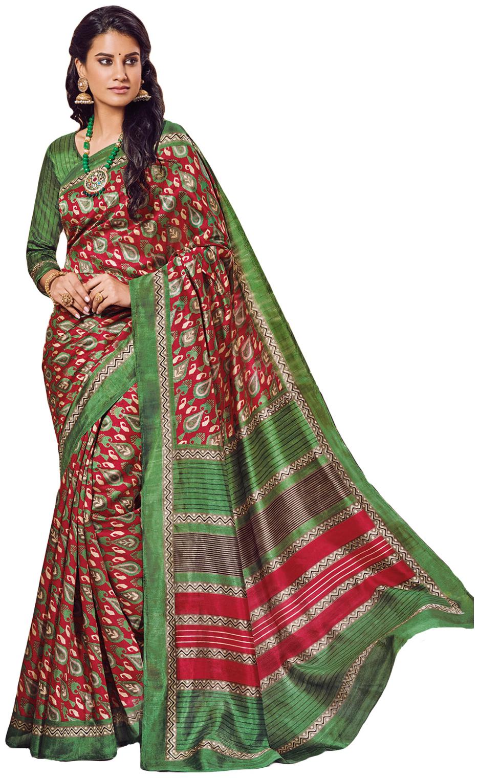 

Salwar Studio Women s Red Green Bhagalpuri Silk Striped Chevron Printed Saree with Blouse Piece