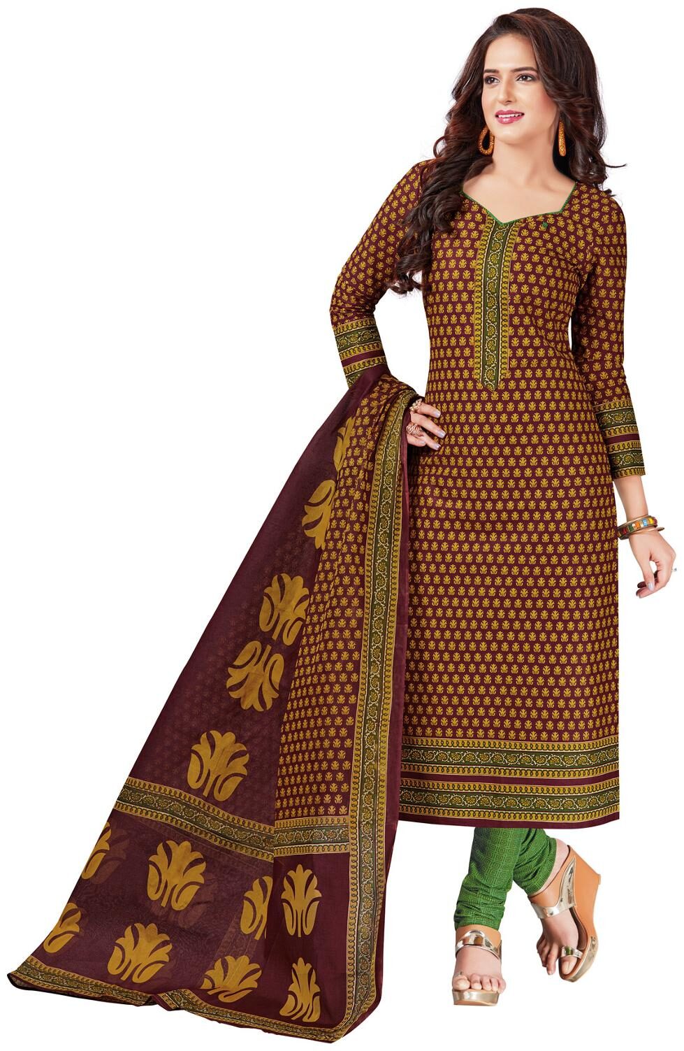

Salwar Studio Women s Brown Green Cotton Floral Printed Dress Material with Dupatta