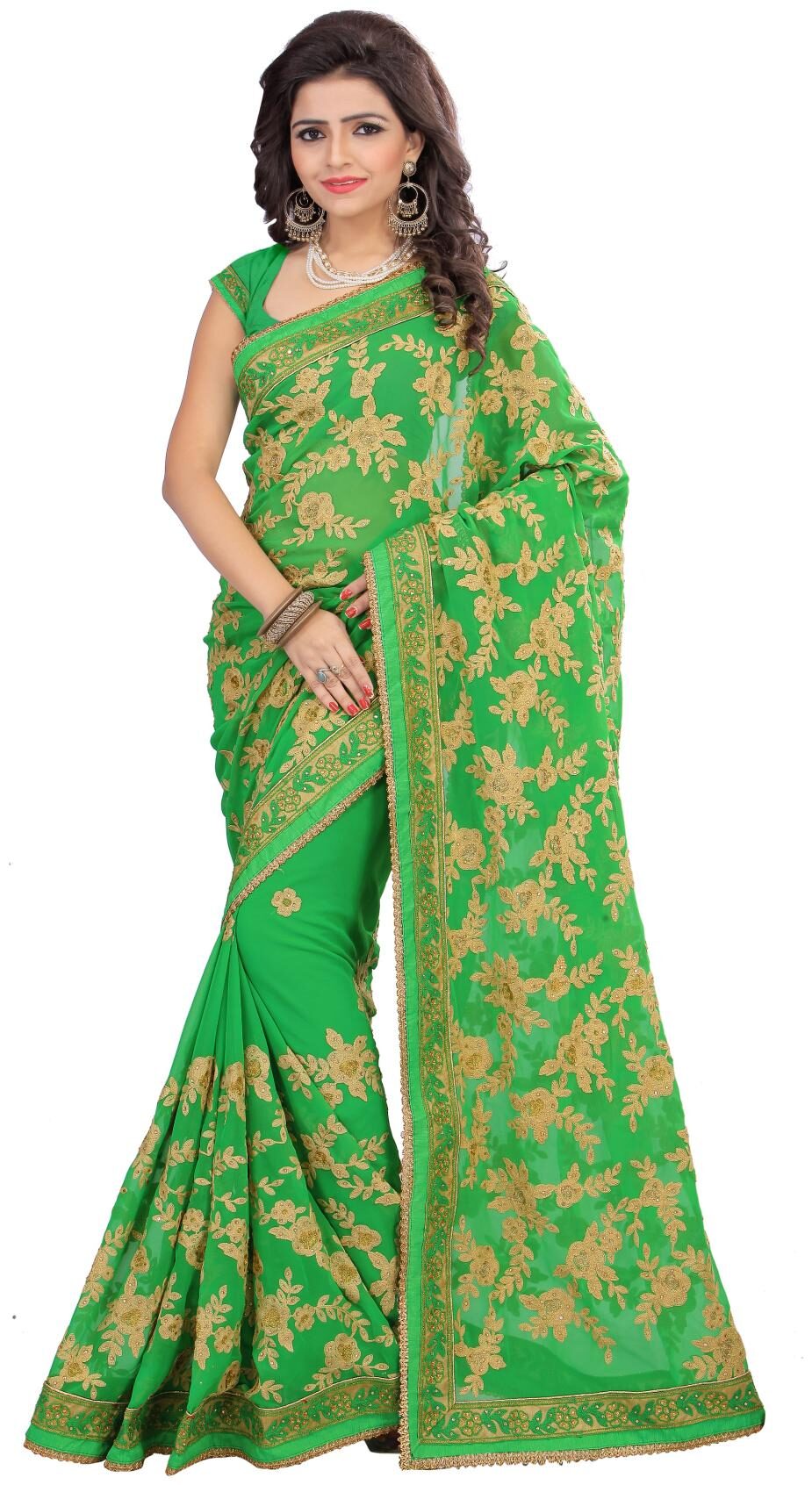 

Samarth Fab Georgette Party Green Designer Saree With Blouse