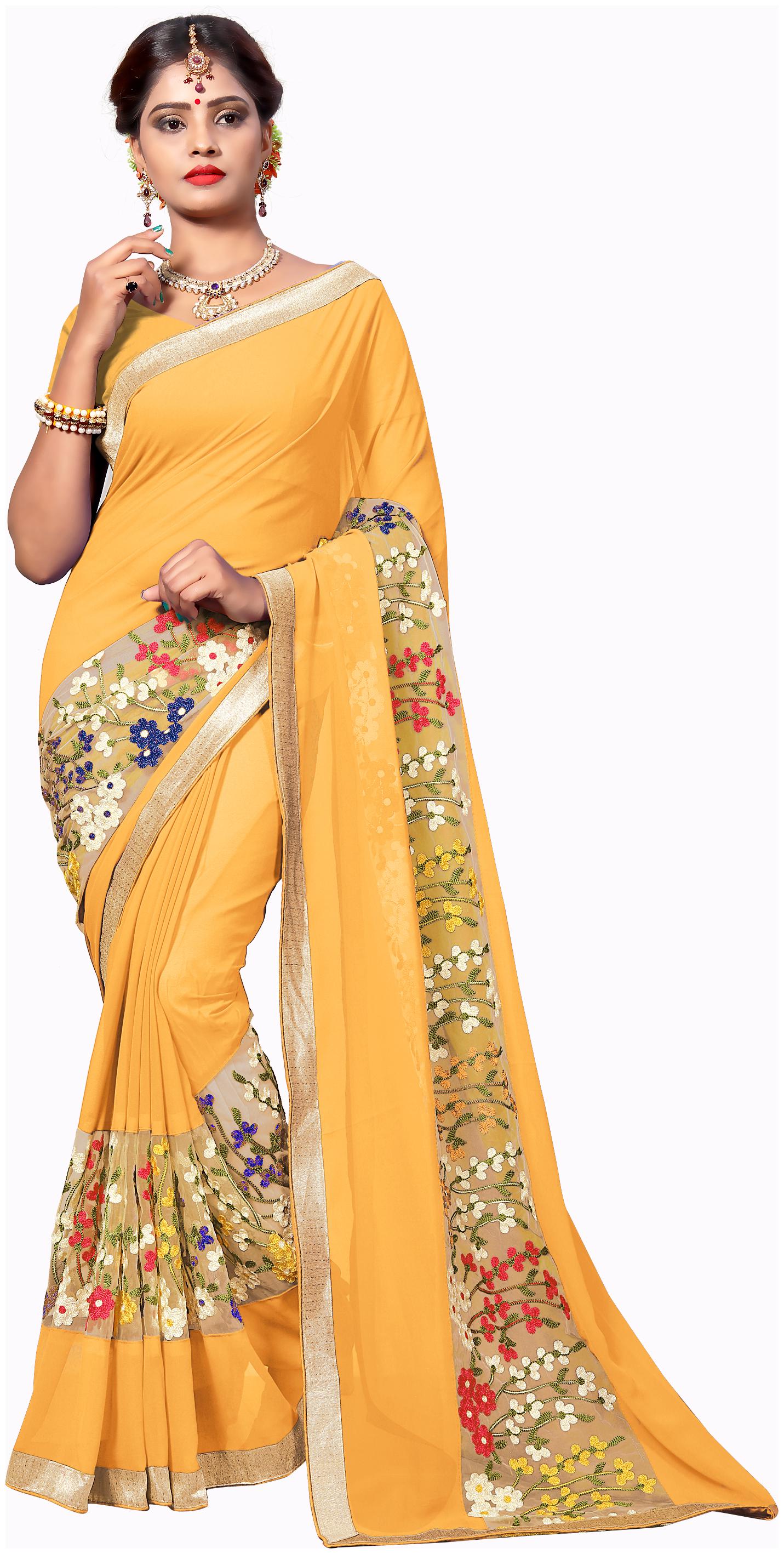 

Samarth Fab Georgette Party Yellow Designer Saree With Blouse