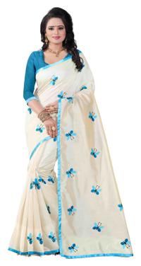 

Samarth Fab Sky Blue Cream Color Chanderi Cotton Silk Plain Embroidered Thin Border Casual Wear Wedding Wear Party Wear Festive Wear Regular Free Size Bollywood Designer Saree With Blouse Piece