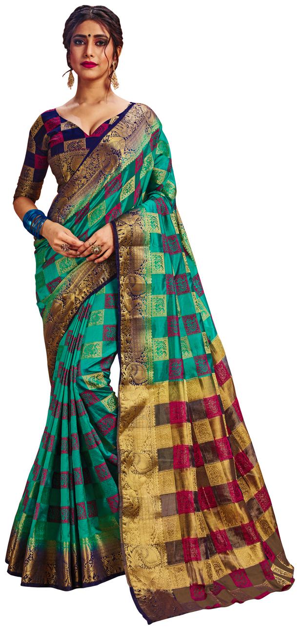 

Samarth Fab Women Silk Turquoise Saree With Blouse