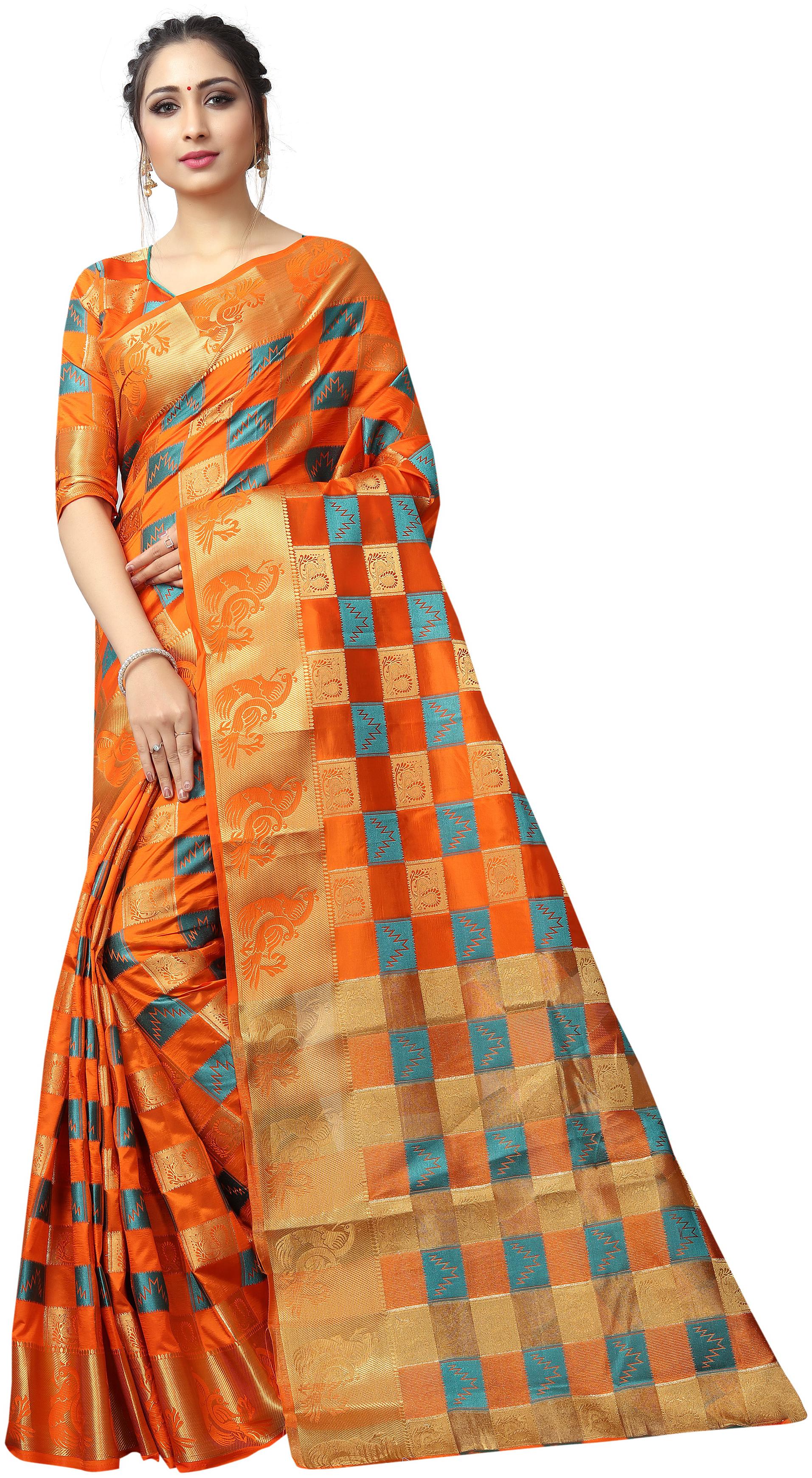 

Samarth Fab Women Silk Orange Blue Saree With Blouse