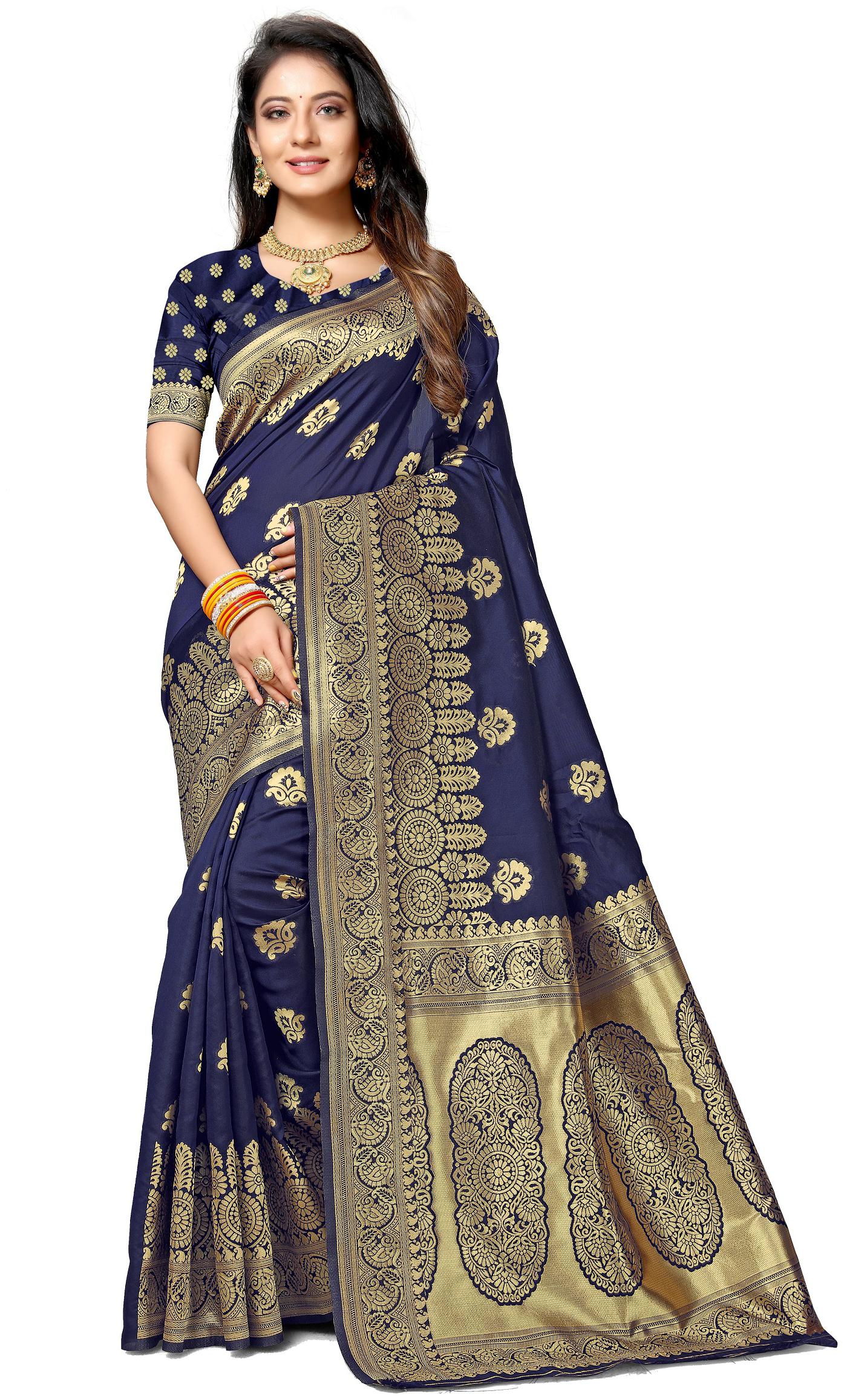 

Samruddhi Trendz Woven Banarasi Art Silk Jacquard Saree With Butti Blouse For Women (Navy Blue)