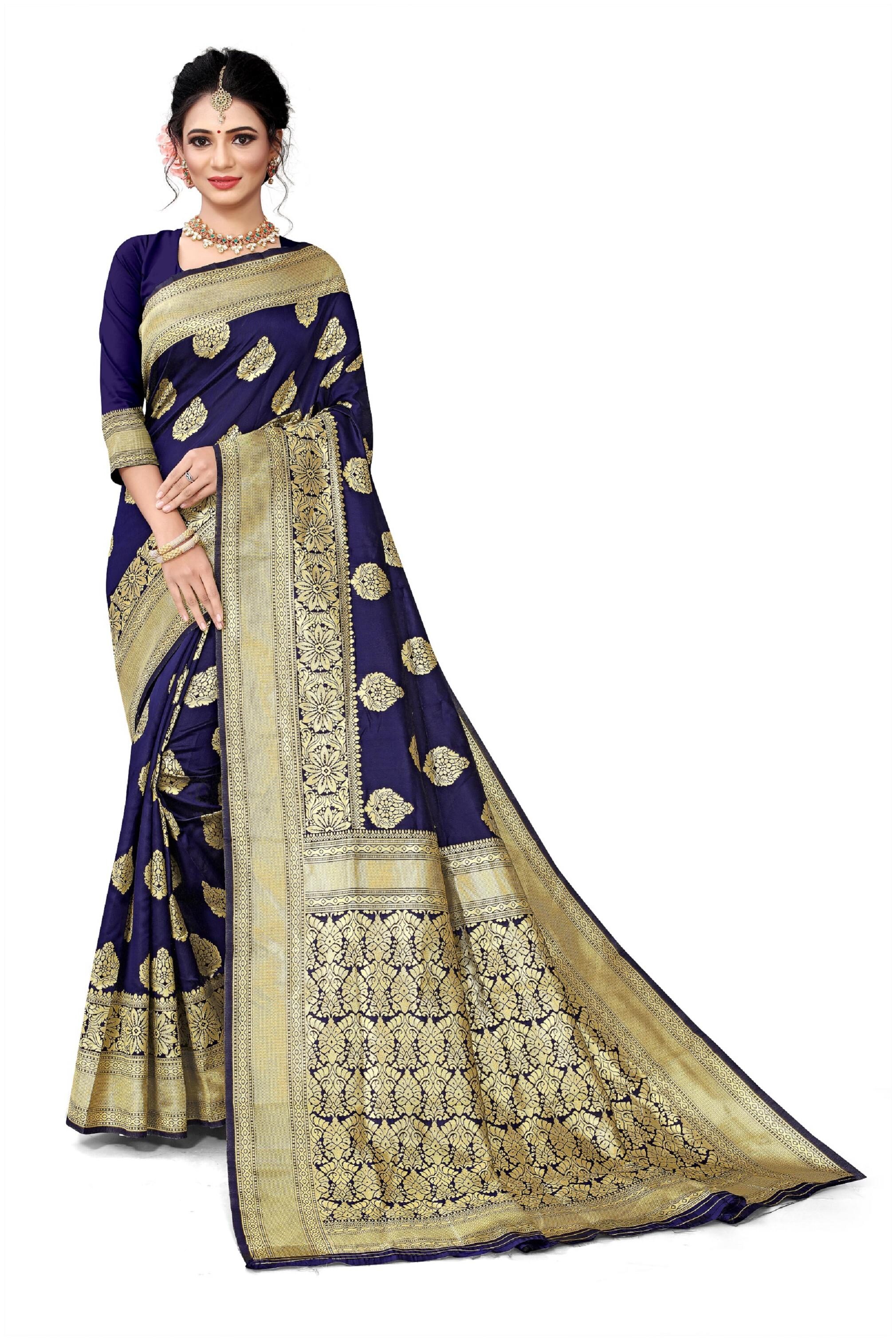 

SAMRUDDHI TRENDZ Women Artificial Silk Woven Navy Blue Designer Saree With Blouse