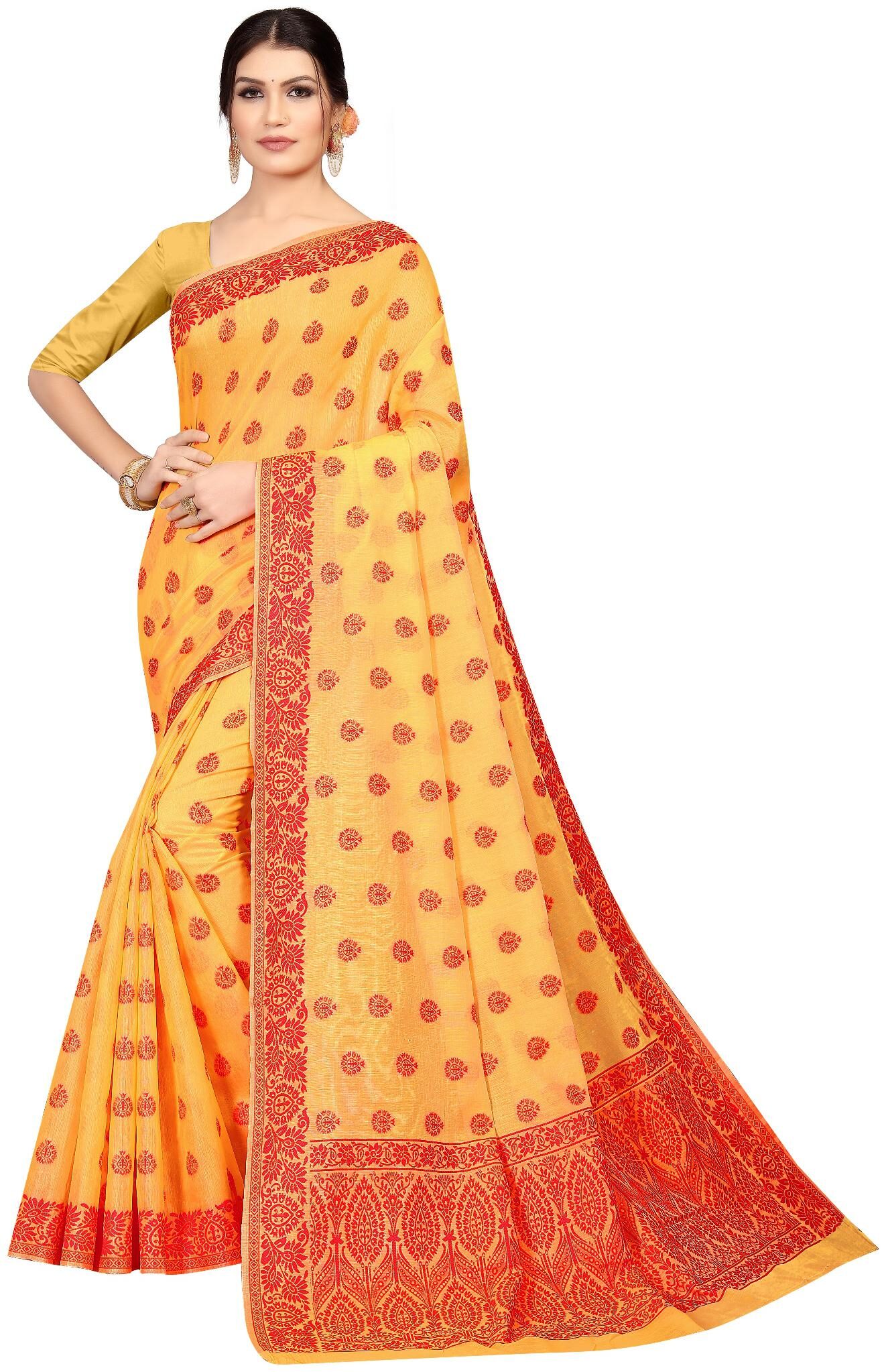 

Samvegi Creation Yellow Floral Banarasi Designer Saree With Blouse With blouse