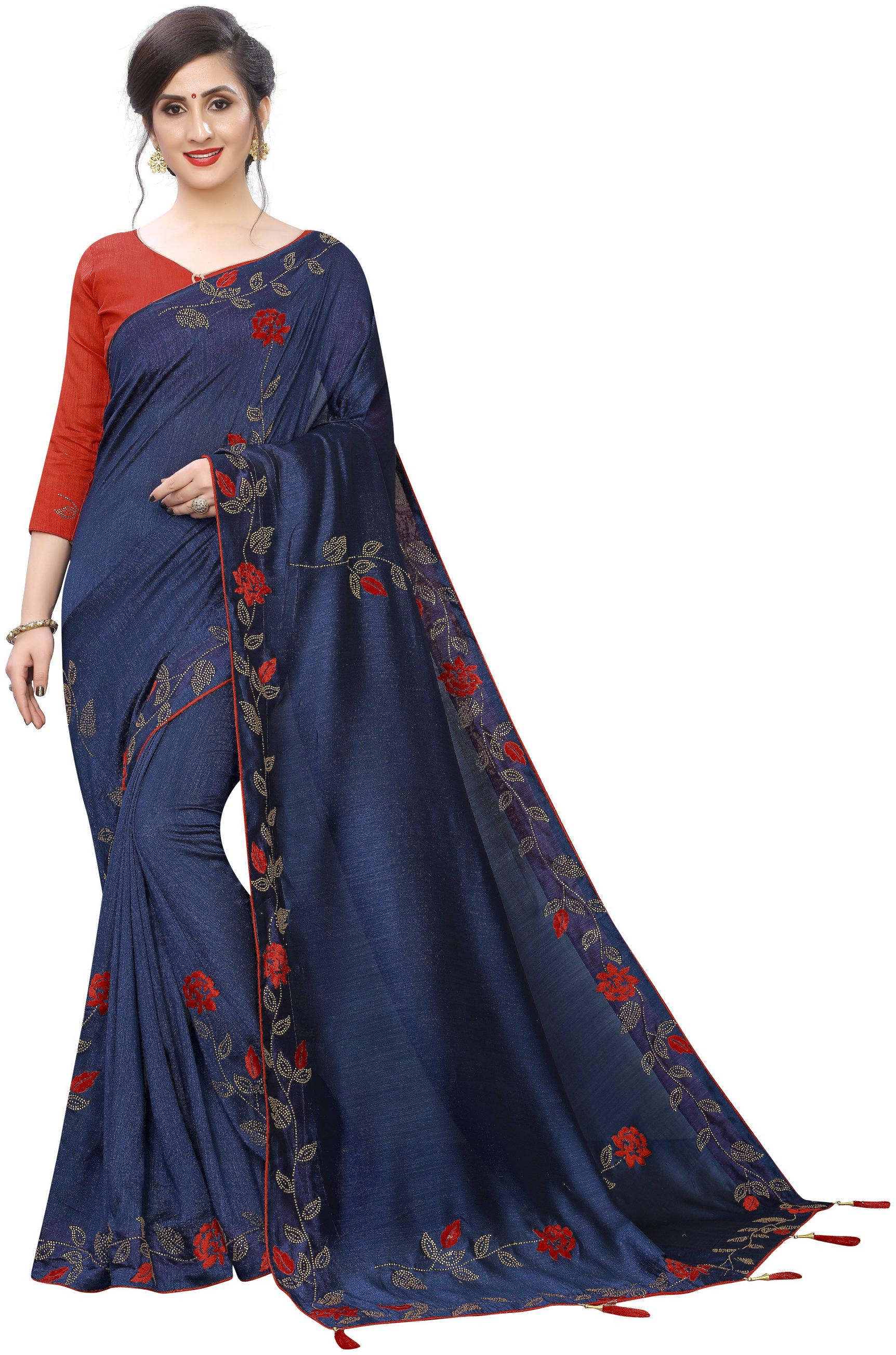 

Samvegi Creation Embroidered Artificial Silk Saree - Navy Blue