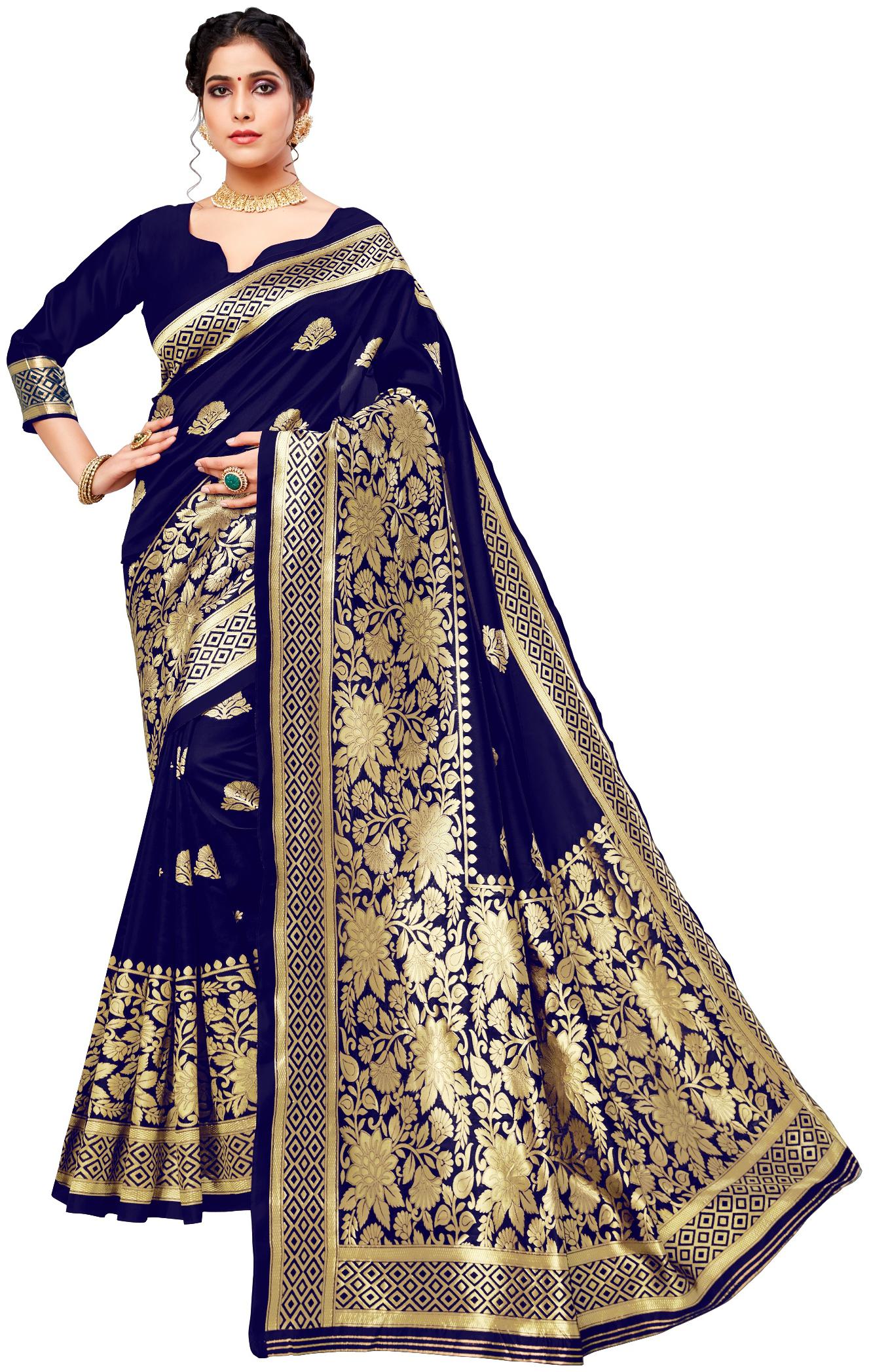 

Samvegi Creation Women Silk Banarasi Saree - Navy Blue