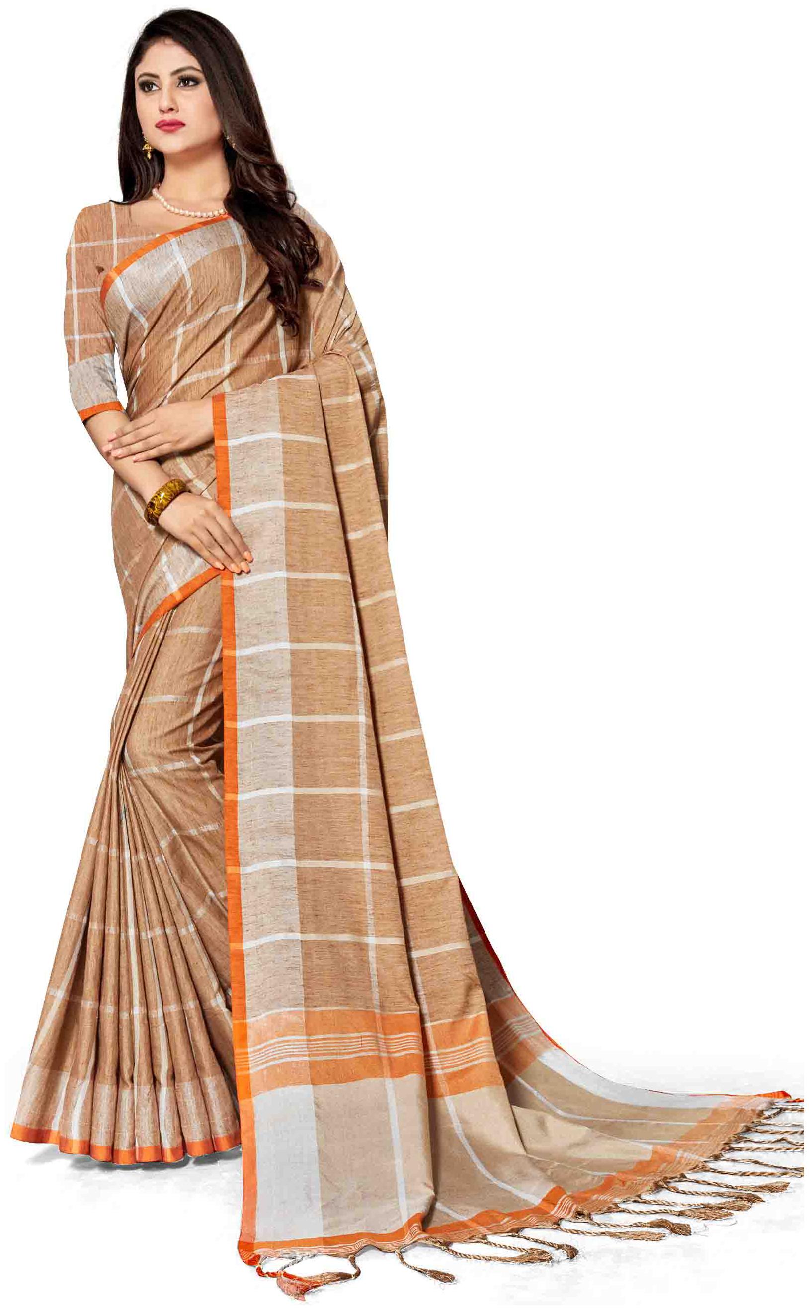 

Sangam Prints Cotton Blend Checkered Beige Regular Saree Women