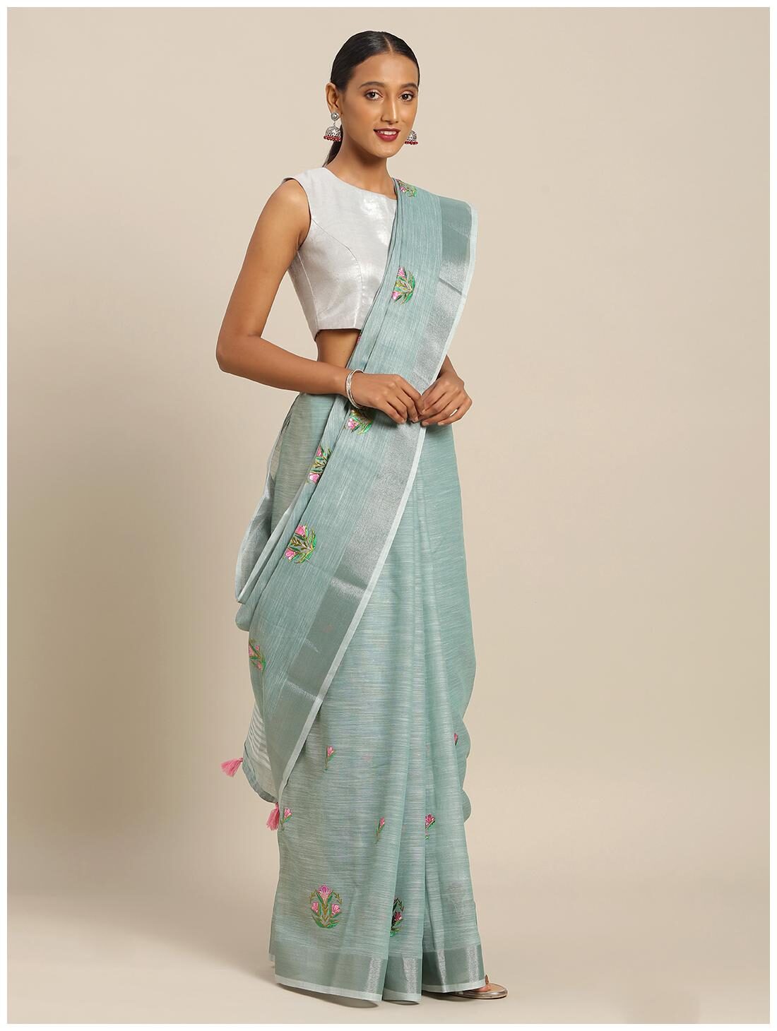 

Sangam Prints Linen Woven Grey Regular Saree For Women