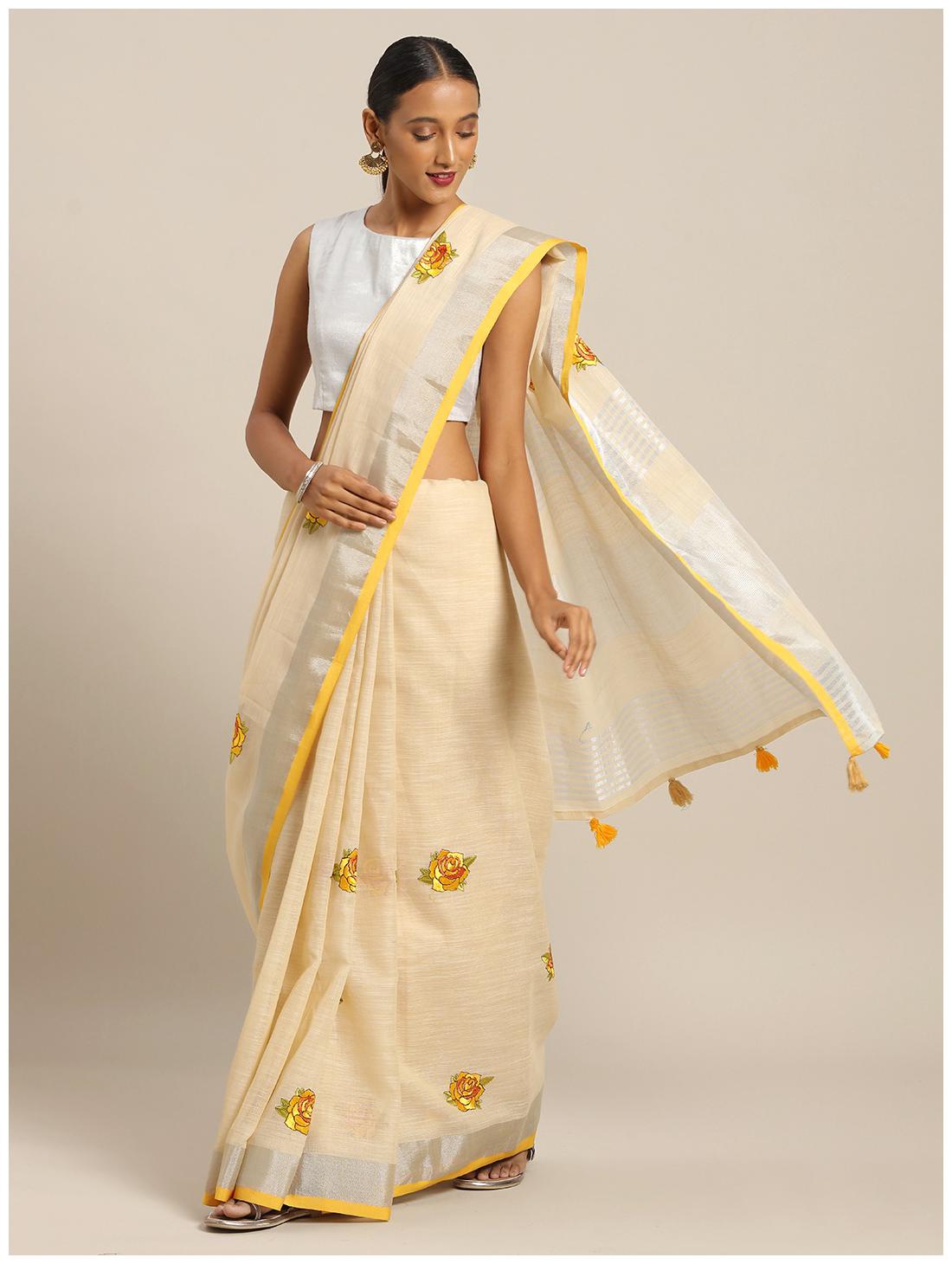

Sangam Prints Linen Floral Cream Regular Saree For Women