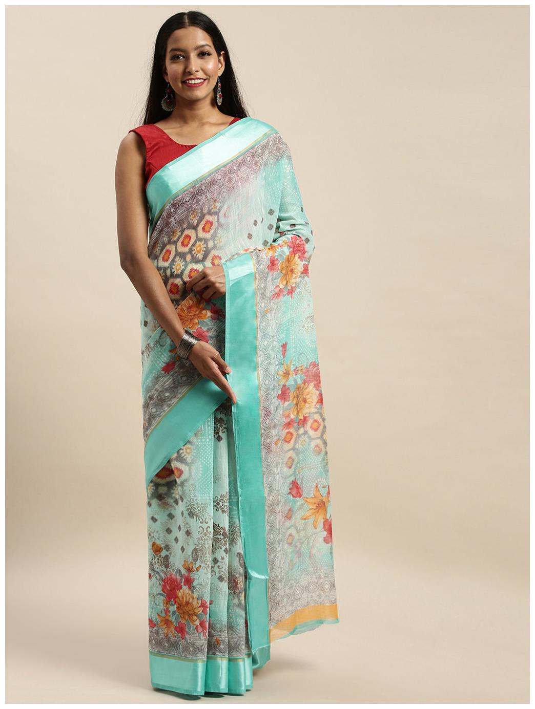 

Sangam Prints Women Cotton Floral Blue Regular Saree With Blouse
