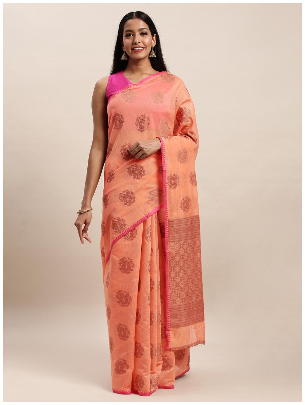 

Sangam Prints Womens Peach Cotton Woven Saree