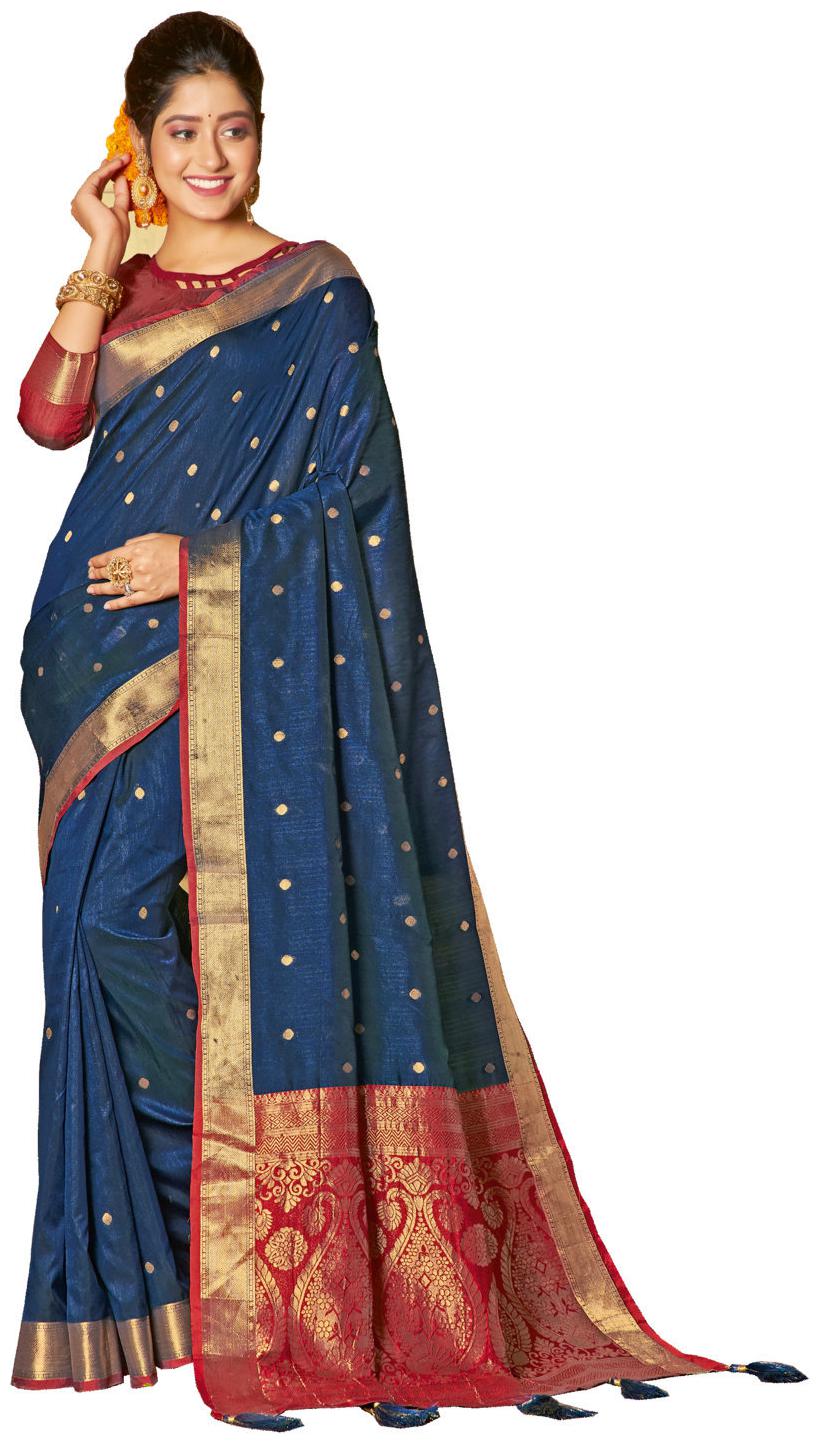 

Sangam Prints Navy Blue Handloom Silk Woven Work Traditional Saree - Navy Blue