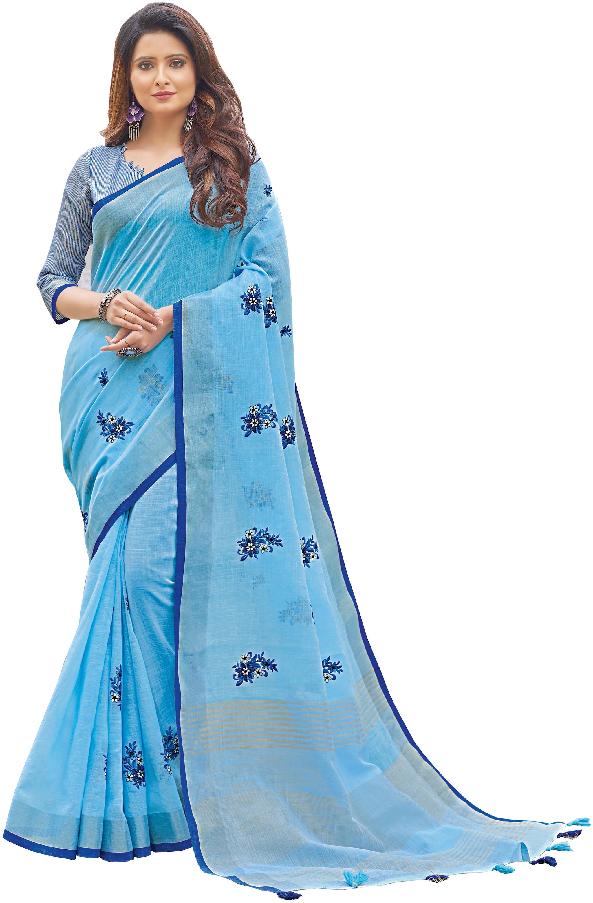 

Sangam Prints Blue Linen Cotton Embroidery Traditional Saree
