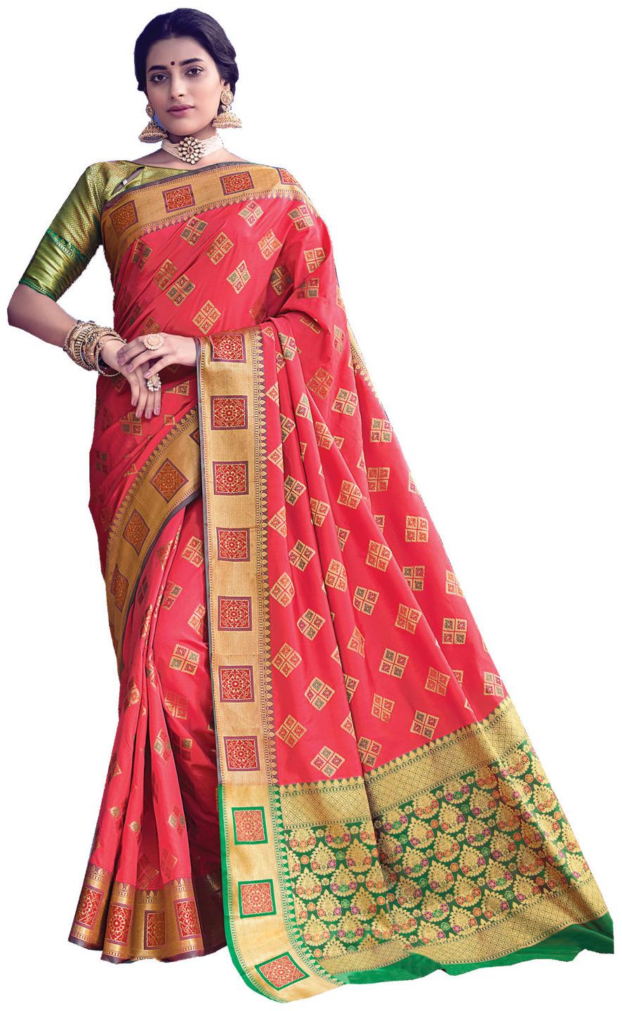 

Sangam Prints Pink Heavy Banarasi Silk Woven Work Traditional Saree - Pink