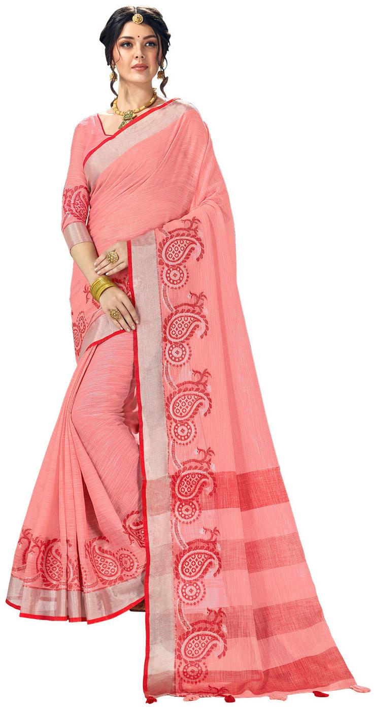 

Sangam Prints Pink Linen Woven Work Traditional Tassle Saree - Pink