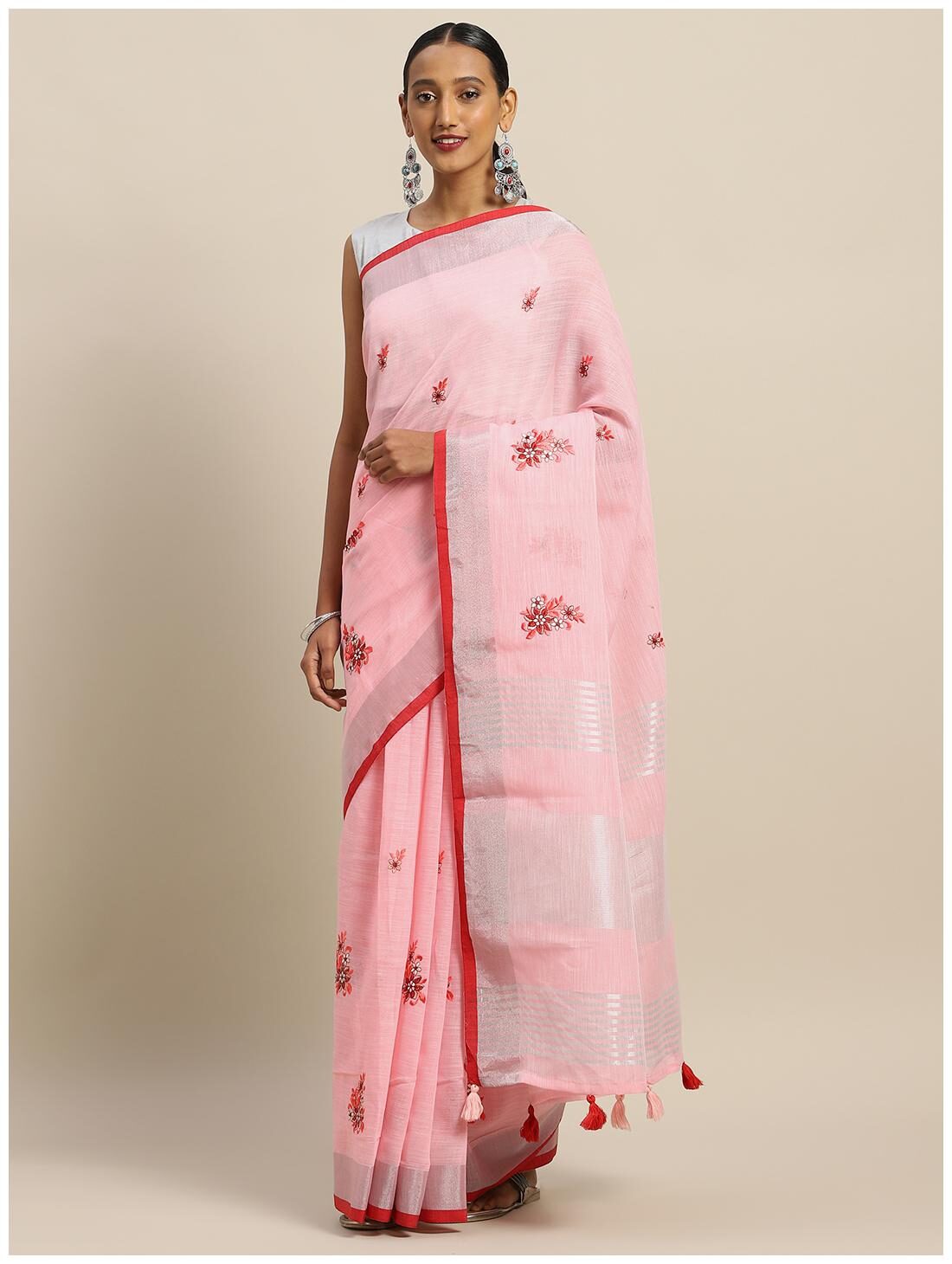 

Sangam Prints Linen Floral Pink Regular Saree For Women