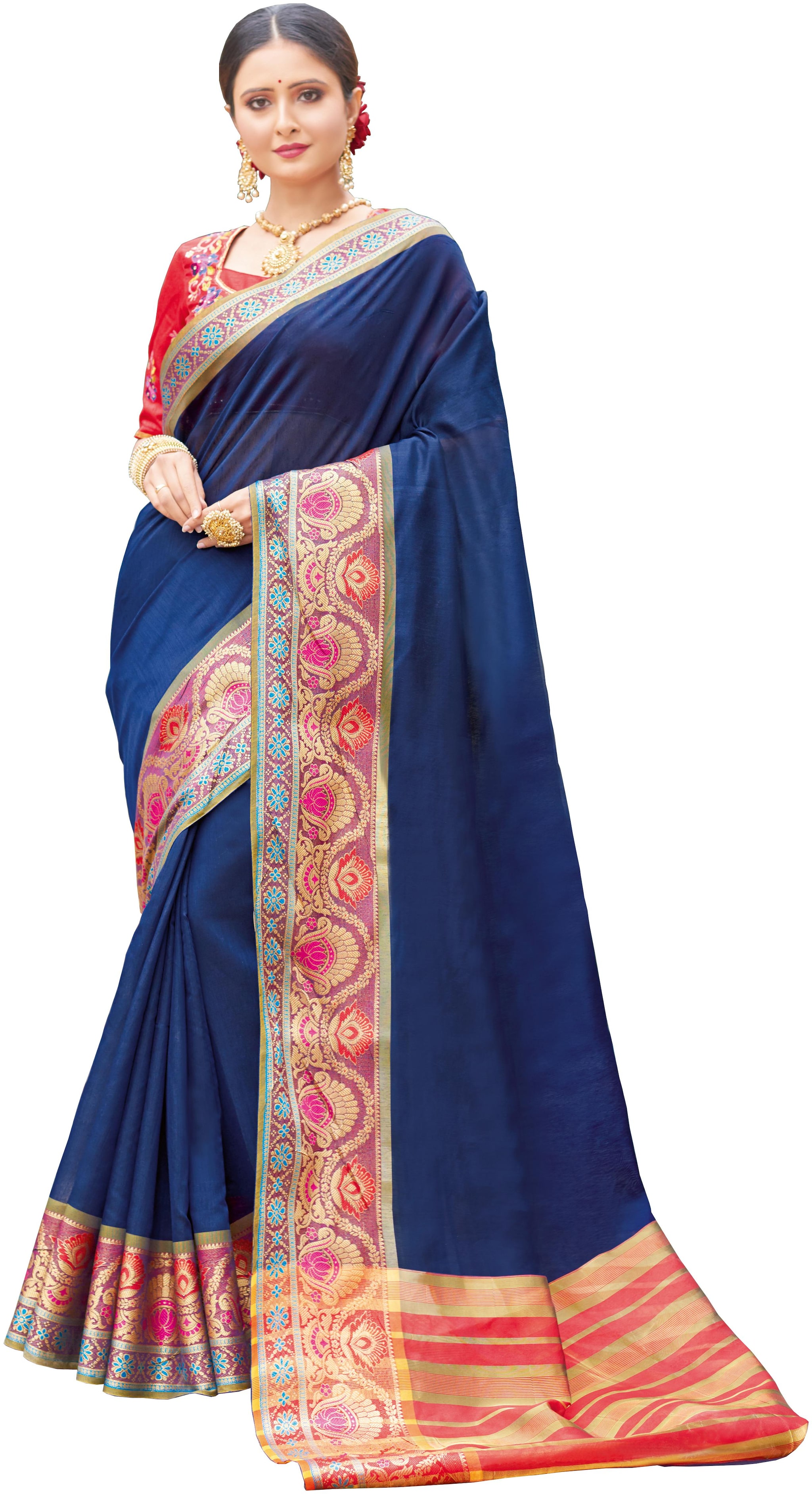 

Sangam Prints Silk Navy Blue Solid Regular Saree For Women
