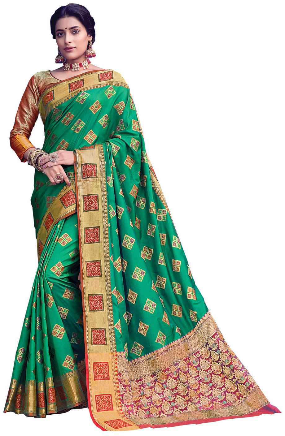 

Sangam Prints Green Heavy Banarasi Silk Woven Work Traditional Saree - Green