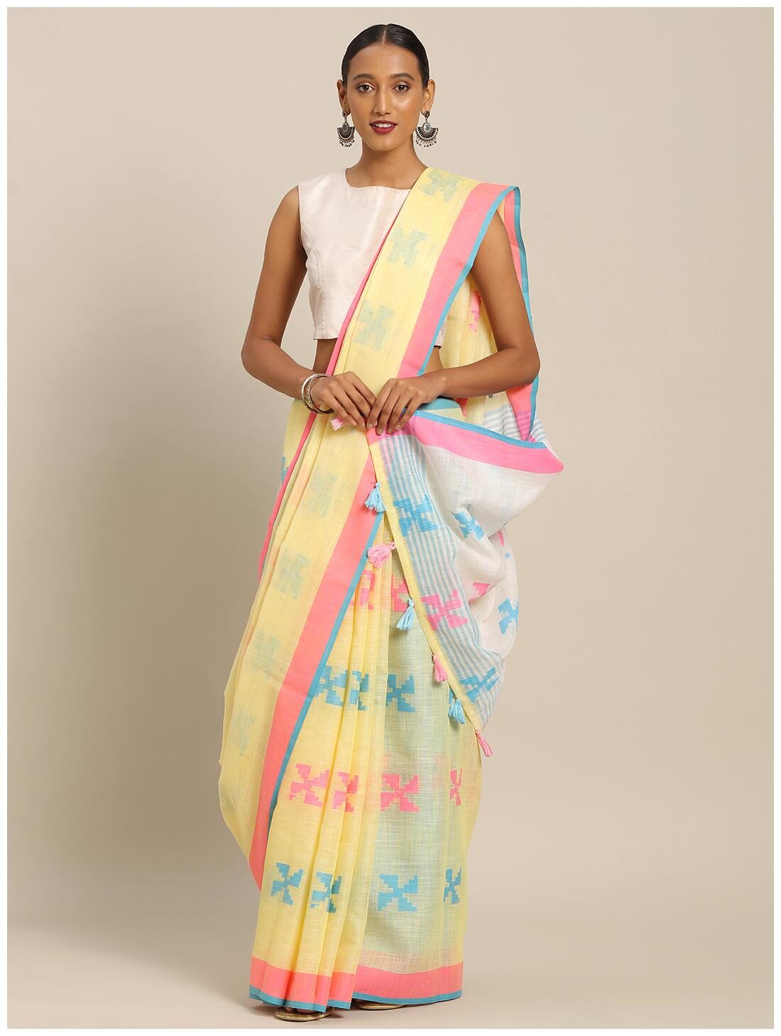 

Sangam Prints Linen Printed Yellow Regular Saree For Women