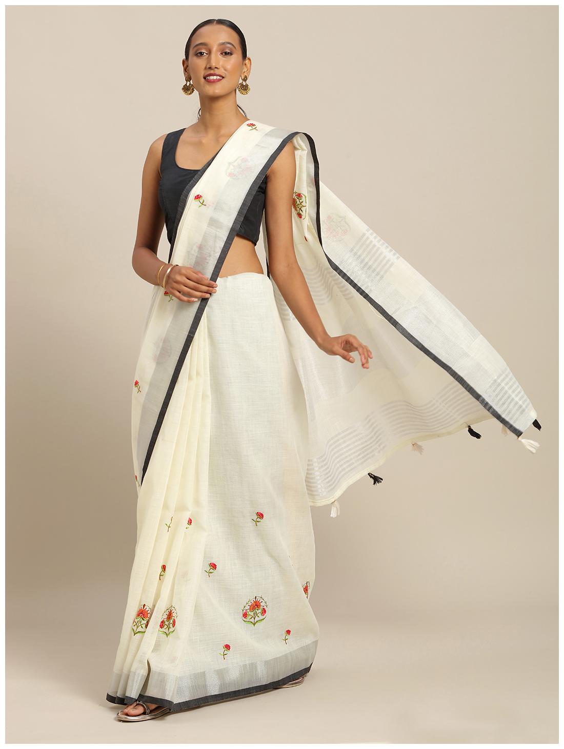 

Sangam Prints Linen Floral White Regular Saree For Women