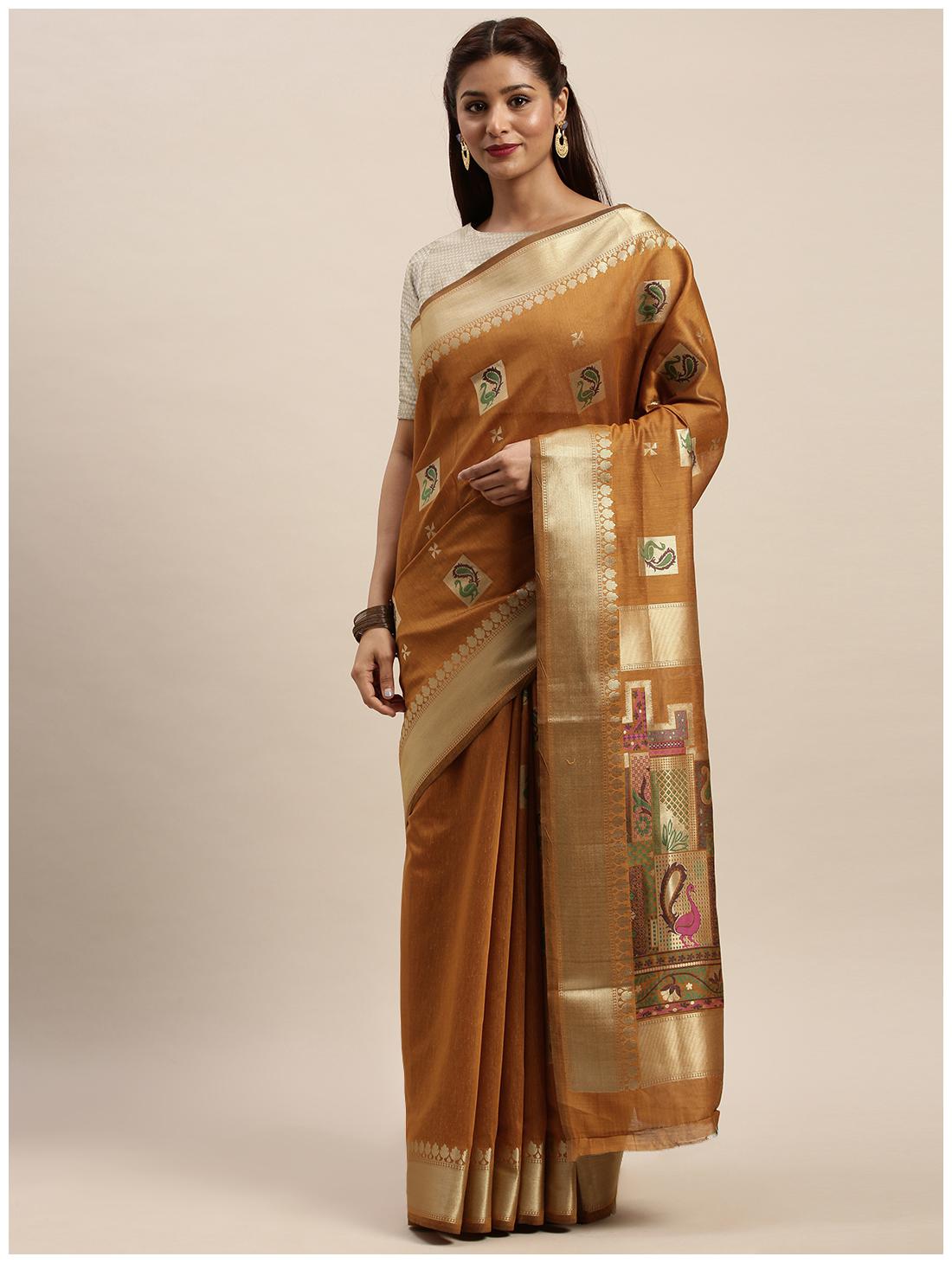

Sangam Prints Cotton Blend Mustard Woven Regular Saree For Women