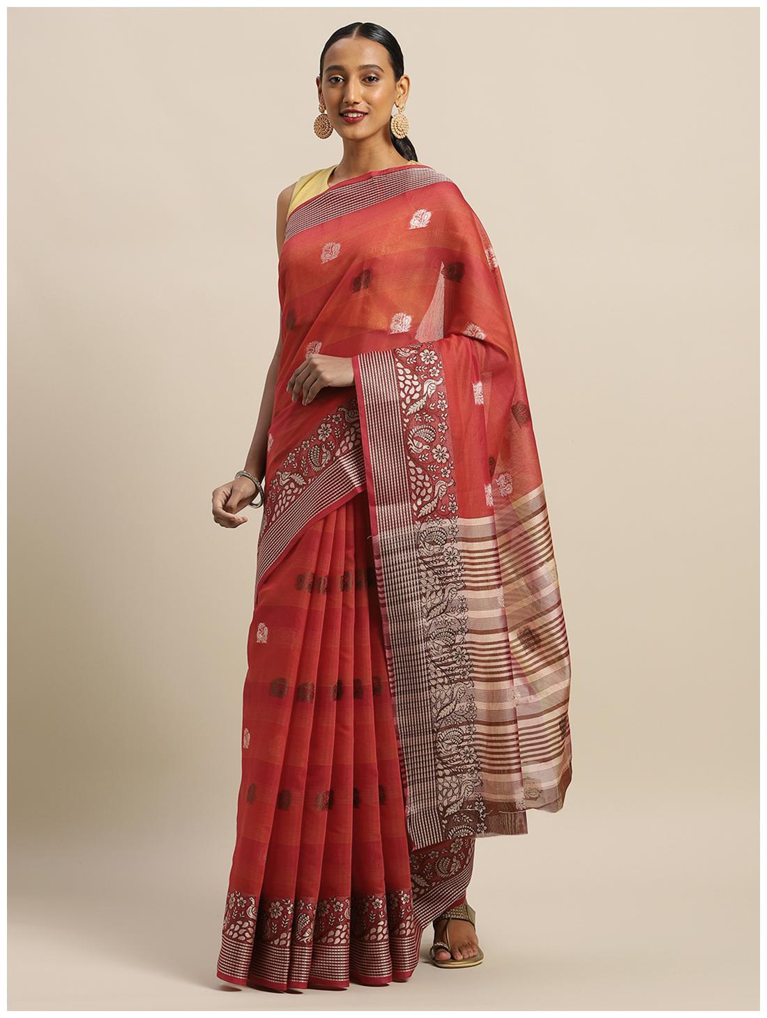 

Sangam Prints Cotton Woven Red Regular Saree For Women